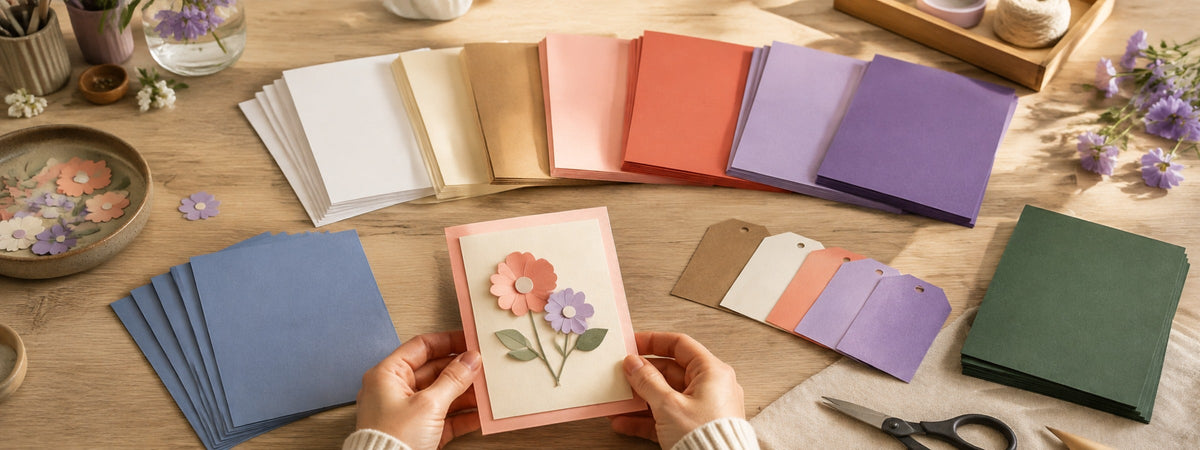 Uni-Papier im Format A5 in verschiedenen Farben mit einer gebastelten Blumenkarte und farblich passenden Geschenkanhängern.