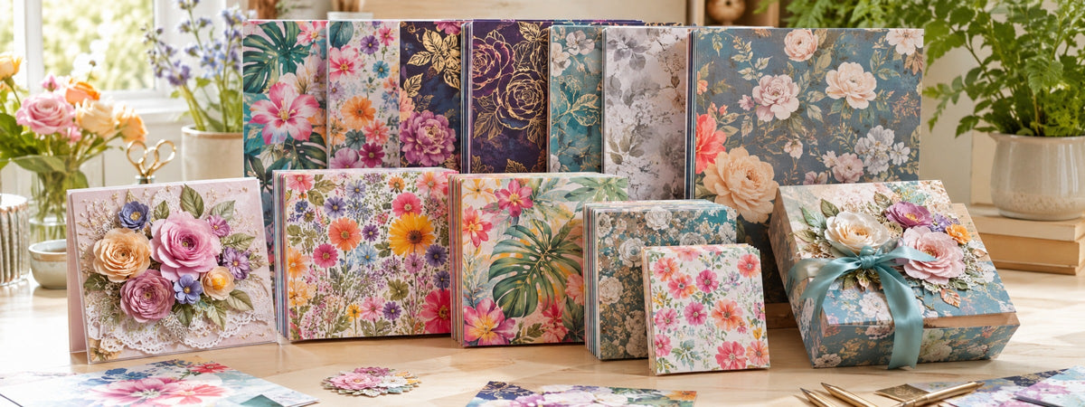 Florale Designpapiere von zarten Aquarellblüten bis zu kräftigen Rosen und tropischen Pflanzen - für blühende Karten, Scrapbook-Seiten, Verpackungen und Dekorationen.