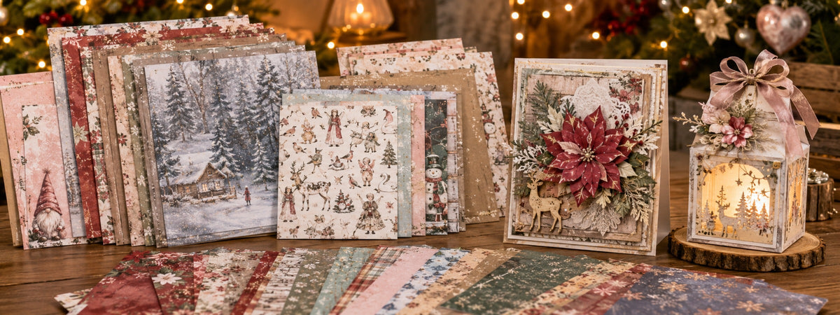 Weihnachtliche und winterliche Designpapiere mit Schneelandschaften, Rentieren, Wichteln, klassischen Mustern und festlichen Farben - für Karten, Verpackungen, Laternen und saisonale Dekorationen.
