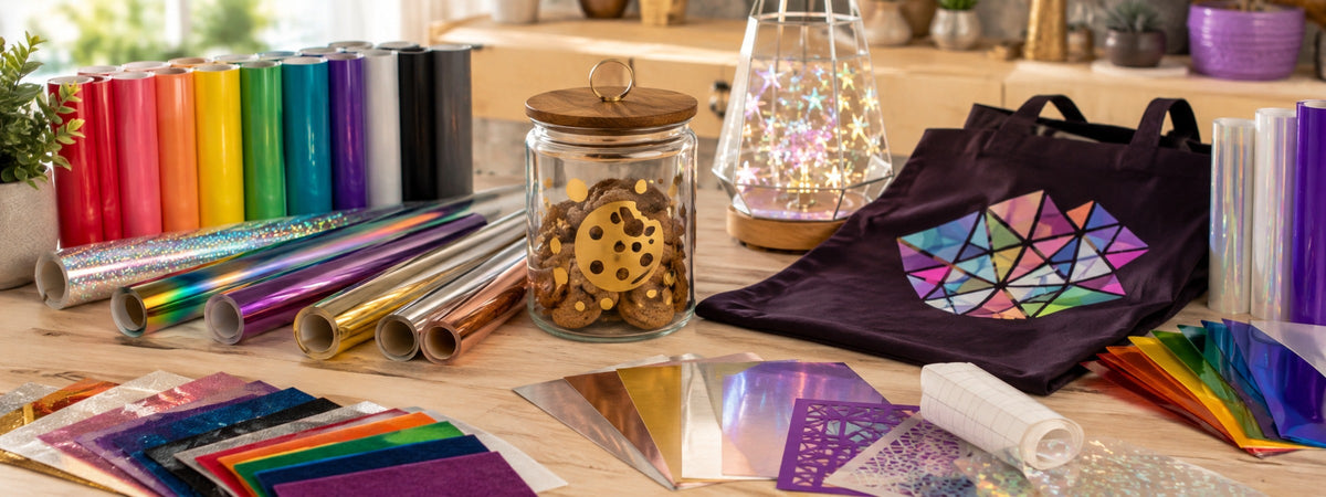 Farbige Vinyl-, Metallic-, Glitzer- und Effektfolien mit personalisiertem Vorratsglas, Dekoleuchte und Stofftasche von crealive.ch