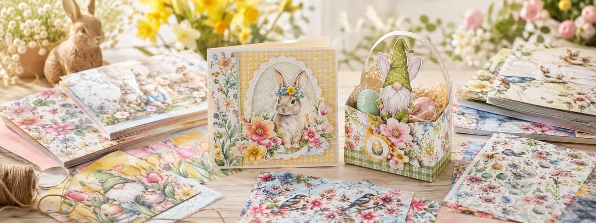 Frühlingshafte Designpapiere mit Blumen, Hasen, Vögeln und liebevollen Ostermotiven - ideal für Karten, Osterkörbchen, Geschenkverpackungen und fröhliche Frühlingsdeko.