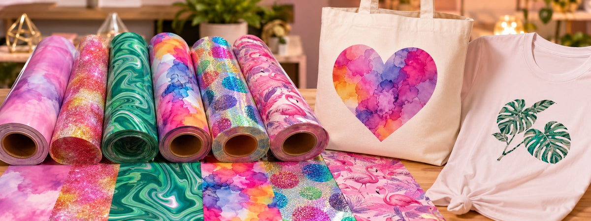 Farbenfrohe Design-Flexfolien mit Aquarell-, Marmor-, Glitzer- und Flamingomustern sowie gestalteten Textilien.
