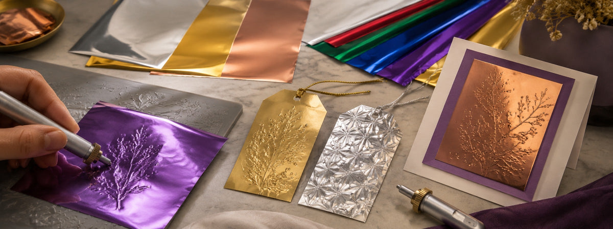 Dünne Prägefolien in Silber, Gold, Kupfer und kräftigen Farben mit reliefgeprägten Anhängern und einer dekorierten Karte.