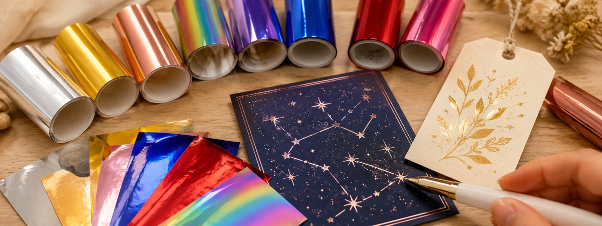 Metallische und holografische Transferfolien in vielen Farben mit veredelter Karte und botanischem Geschenkanhänger.