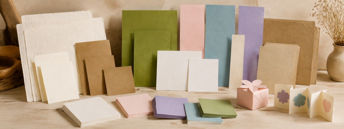 Uni-Papiere in unterschiedlichen Sonderformaten, Farben und Strukturen mit kleiner Geschenkbox und gefaltetem Mini-Album.