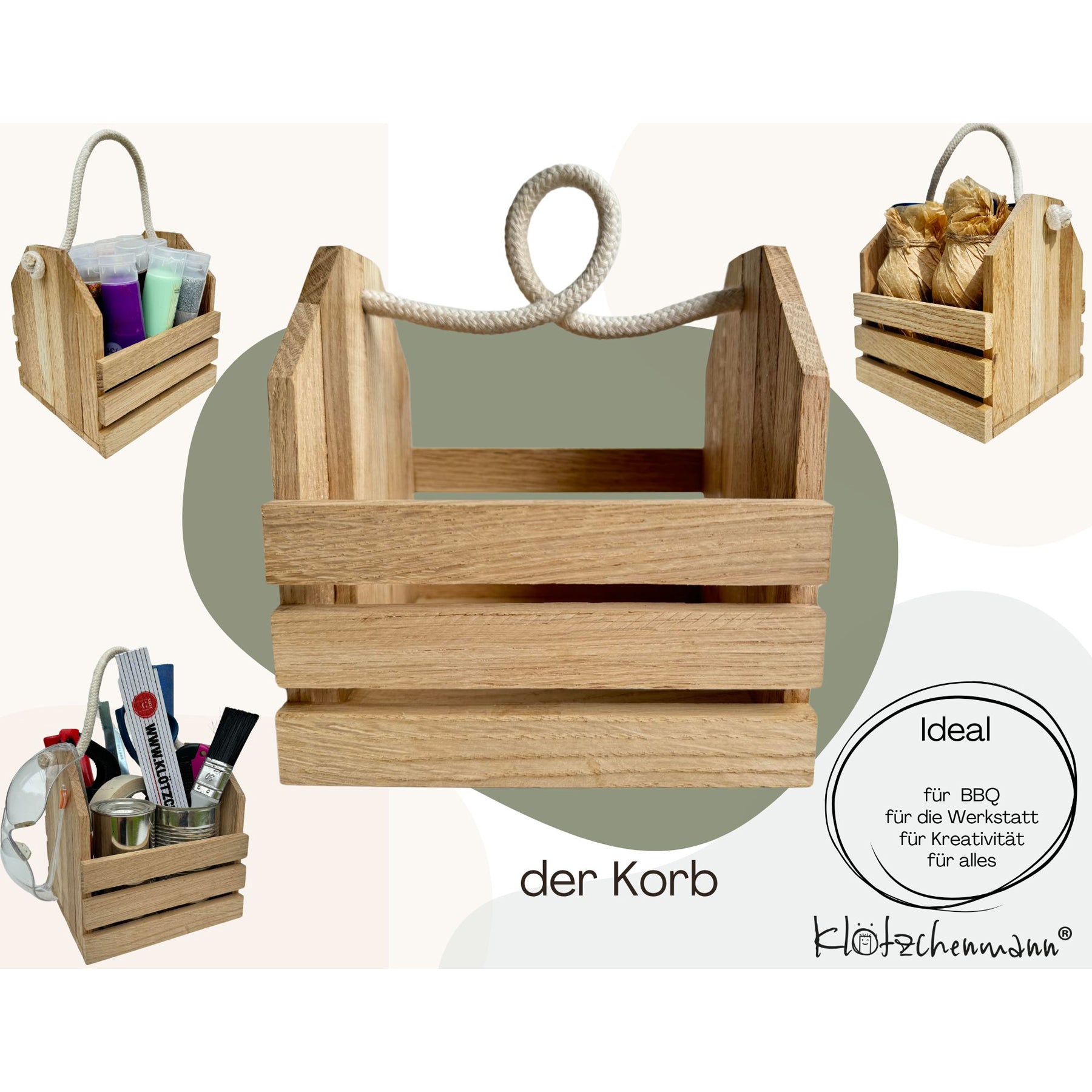 Crealive Holz-Klötzchen Bastelset Allrounder - Eiche
Inhalt:
• zugeschnittene Bastelklötzchen für 1 Organizer, 1 Untersetzer und 1 Korb
• Klötzchenmann Holzleim
• Schleifpapier
• Baumwollseil
• Bastelanleitung
Das „Allrounder Set vom Klötzchenmann“ beinhaltet kreative Projekte, die sowohl praktisch als auch dekorativ sind. Es bietet die Möglichkeit einen Organizer, einen Untersetzer und einen Korb zu gestalten, was es zu einem vielseitigen Set macht, das in vielen Bereichen des Hauses nützlich sein kann