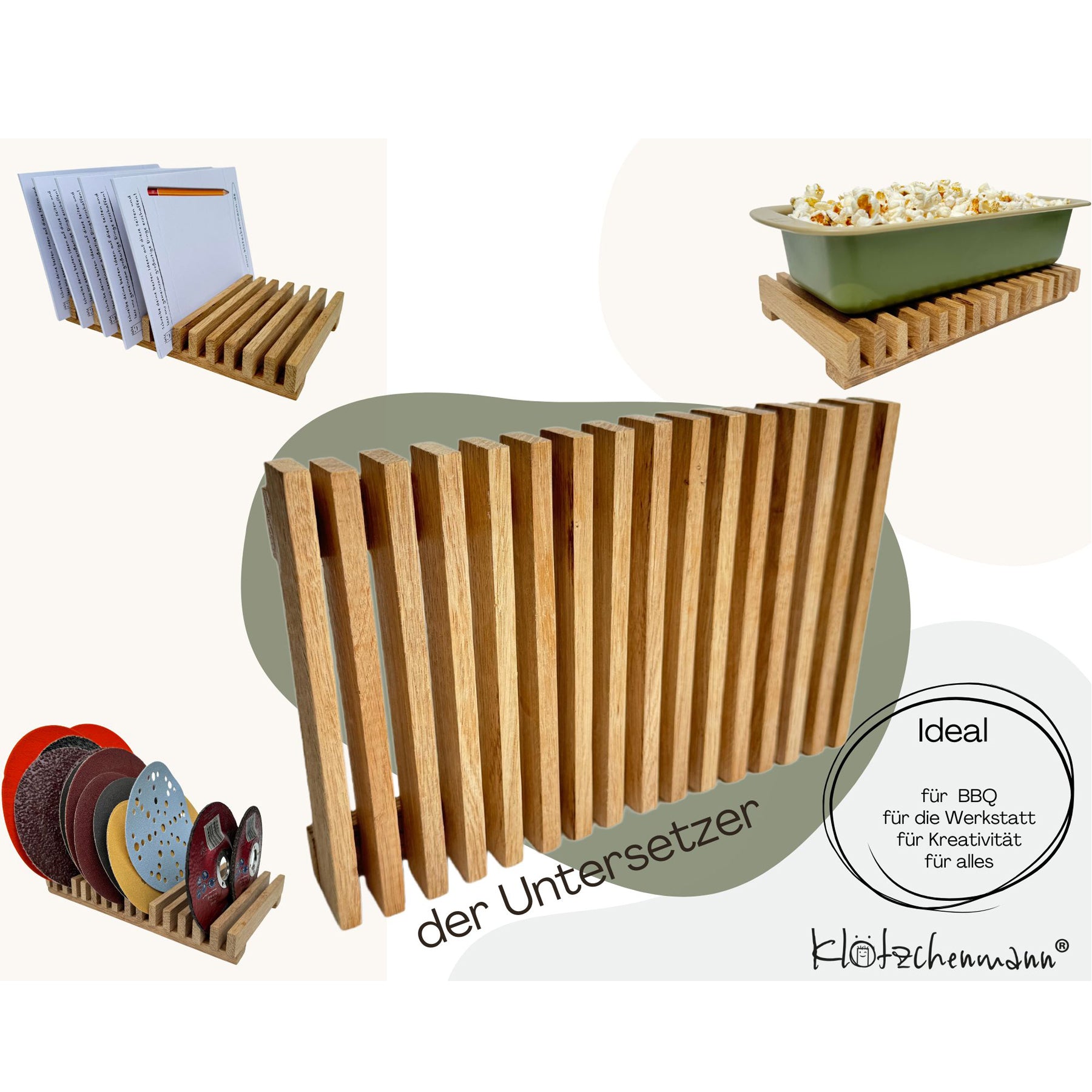 Crealive Holz-Klötzchen Bastelset Allrounder - Eiche
Inhalt:
• zugeschnittene Bastelklötzchen für 1 Organizer, 1 Untersetzer und 1 Korb
• Klötzchenmann Holzleim
• Schleifpapier
• Baumwollseil
• Bastelanleitung
Das „Allrounder Set vom Klötzchenmann“ beinhaltet kreative Projekte, die sowohl praktisch als auch dekorativ sind. Es bietet die Möglichkeit einen Organizer, einen Untersetzer und einen Korb zu gestalten, was es zu einem vielseitigen Set macht, das in vielen Bereichen des Hauses nützlich sein kann
