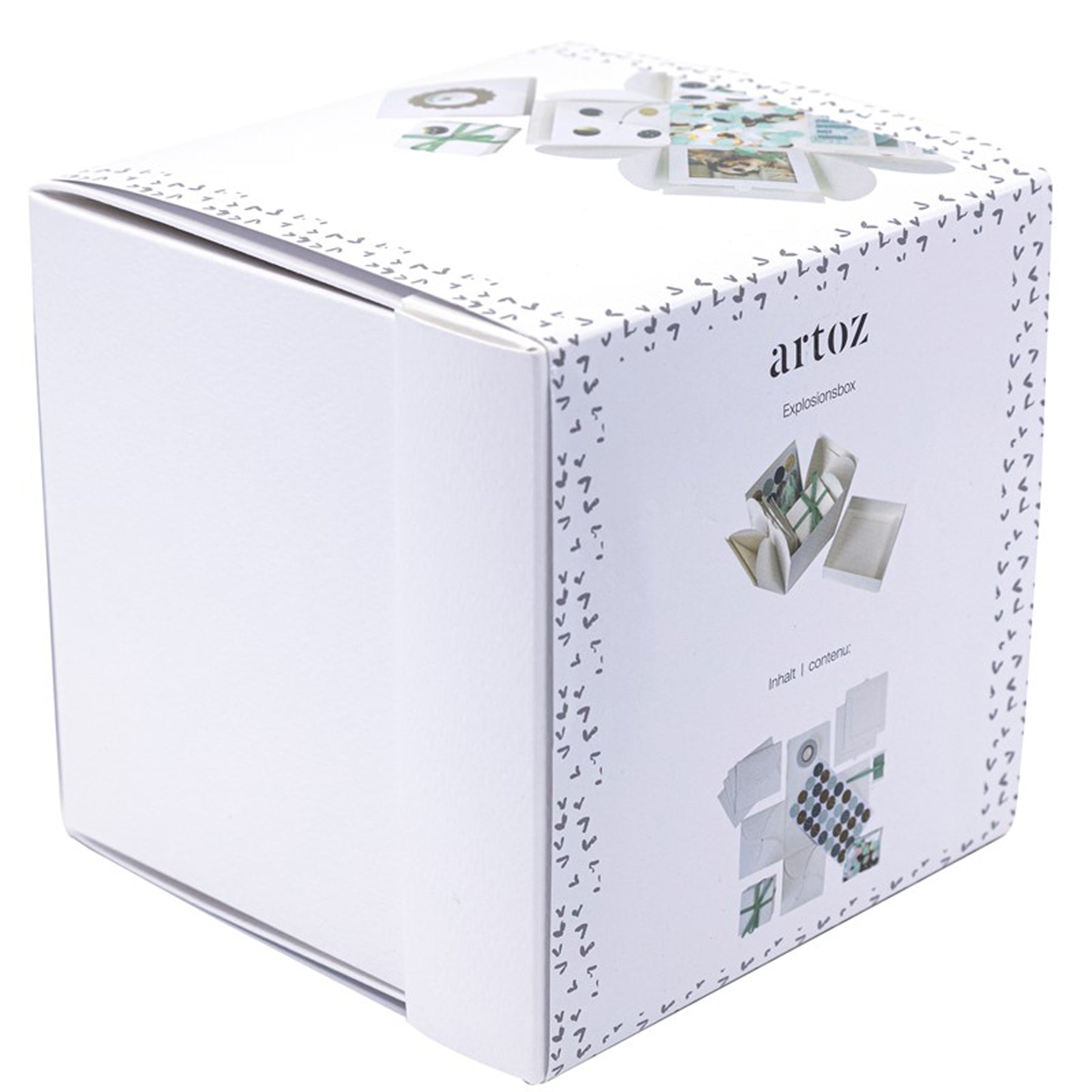Crealive Explosionsbox 120 x 120 mm - Weiss Diese Explosionsbox / Überraschungsbox kannst du ganz nach deinem Geschmack und passend zur beschenkten Person gestalten. Es sind 2 Schachteln (gross und klein), Rahmen für Bilder, Geschenkband, Masking Tape und ein paar Stickers mit Gold foil print in diesem Set enthalten. Du kannst sie natürlich auch mit weiteren Motiven verzieren, bemalen oder Deko selber herstellen aus deinem Bastelmaterial-Fundus. Erwecke die Magie der Überraschung mit dieser Explosionsbox.