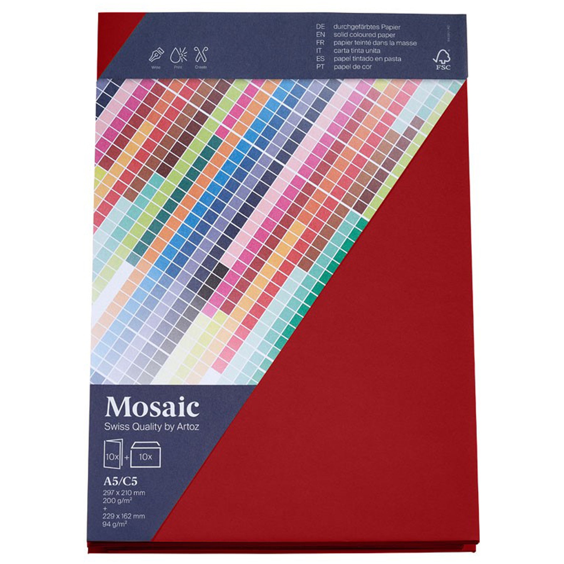 Crealive 10 Blanko Karten & Couverts Mosaic - Feuerrot
Inhalt:
• 10 Doppelkarten inkl. Couverts
Spezifikationen:
• Doppel-Karten hoch Format: A5 (297 x 210 mm)
• Couvert Format: C5 (229 x 162 mm)
• Doppelkarten: Mosaic Papier 200 g/m2
• Couvert: 90 g/m2
• ohne Fenster
• Farbe: Feuerrot
• gerade Klappe mit Haftklebestreifen
• beidseitig farbig (voll durchgefärbt)
• Marke: Artoz
Diese Blanko Karten & Couverts sind geeignet für:
• Karten
• Einladungen zu Partys, Geburtstagen, etc.