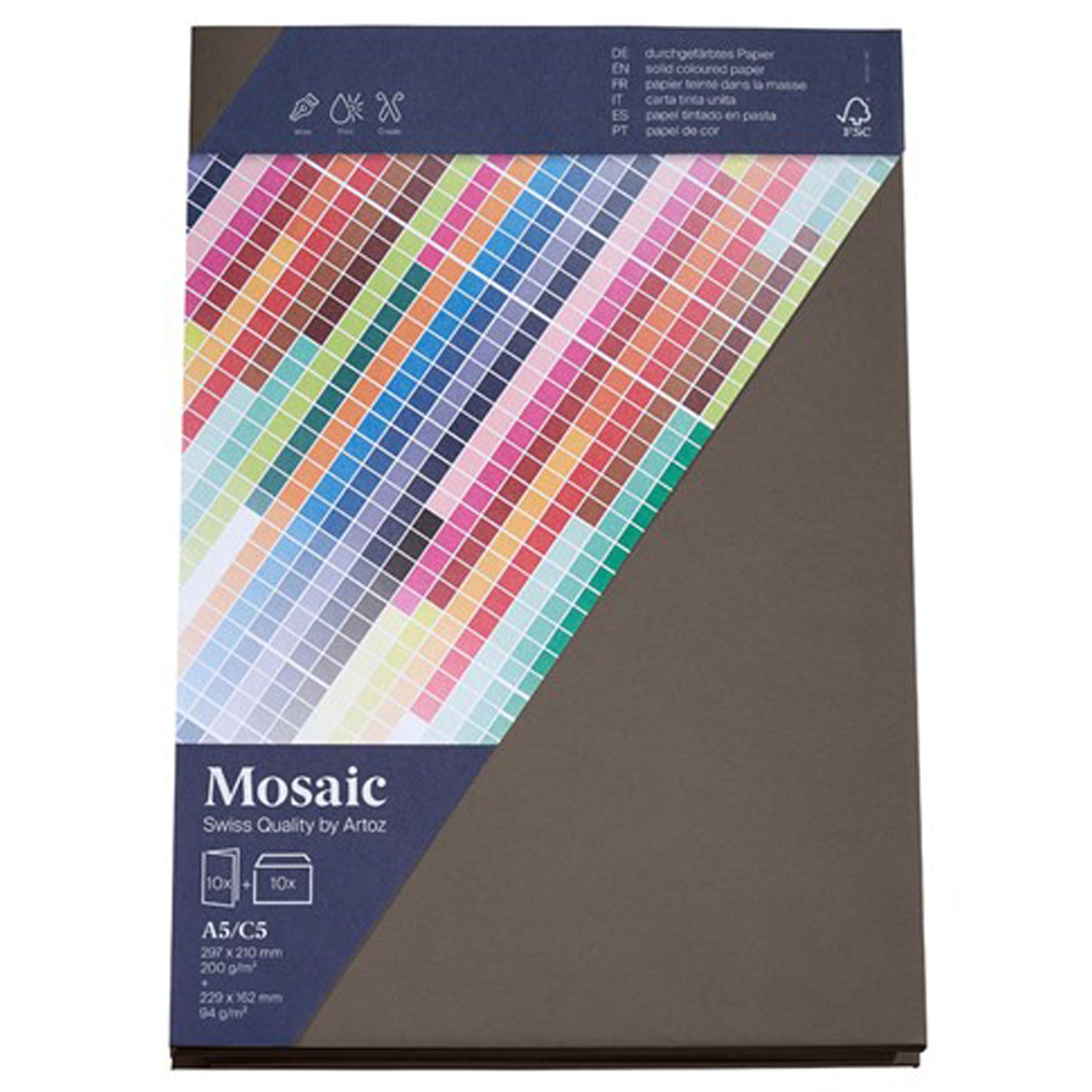 Crealive 10 Blanko Karten & Couverts Mosaic - Graphit
Inhalt:
• 10 Doppelkarten inkl. Couverts
Spezifikationen:
• Doppel-Karten hoch Format: A5 (297 x 210 mm)
• Couvert Format: C5 (229 x 162 mm)
• Doppelkarten: Mosaic Papier 200 g/m2
• Couvert: 90 g/m2
• ohne Fenster
• Farbe: Graphit
• gerade Klappe mit Haftklebestreifen
• beidseitig farbig (voll durchgefärbt)
• Marke: Artoz
Diese Blanko Karten & Couverts sind geeignet für: