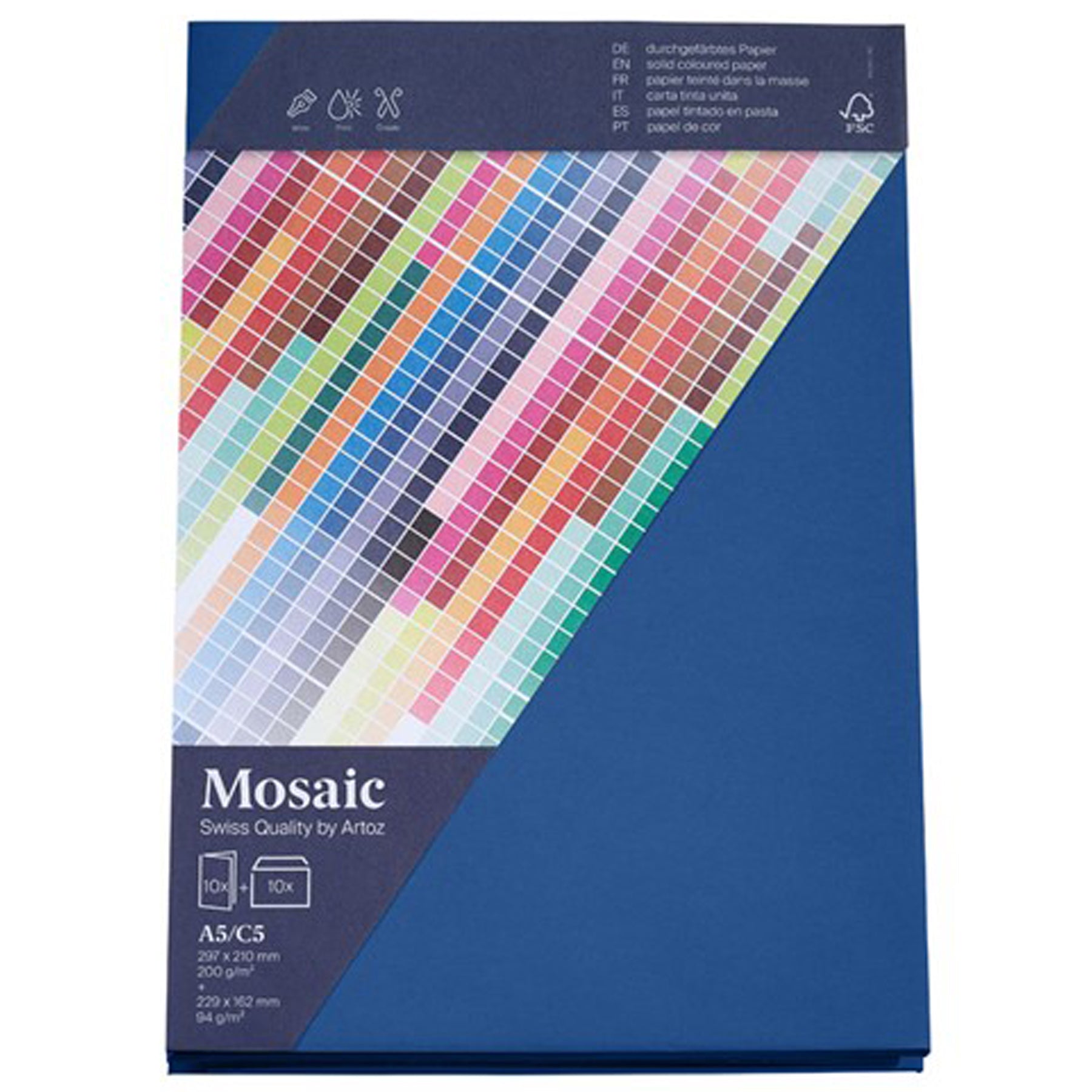 Crealive 10 Blanko Karten & Couverts Mosaic - Marine
Inhalt:
• 10 Doppelkarten inkl. Couverts
Spezifikationen:
• Doppel-Karten hoch Format: A5 (297 x 210 mm)
• Couvert Format: C5 (229 x 162 mm)
• Doppelkarten: Mosaic Papier 200 g/m2
• Couvert: 90 g/m2
• ohne Fenster
• Farbe: Marine
• gerade Klappe mit Haftklebestreifen
• beidseitig farbig (voll durchgefärbt)
• Marke: Artoz
Diese Blanko Karten & Couverts sind geeignet für:
• Karten
• Einladungen zu Partys, Geburtstagen, etc.