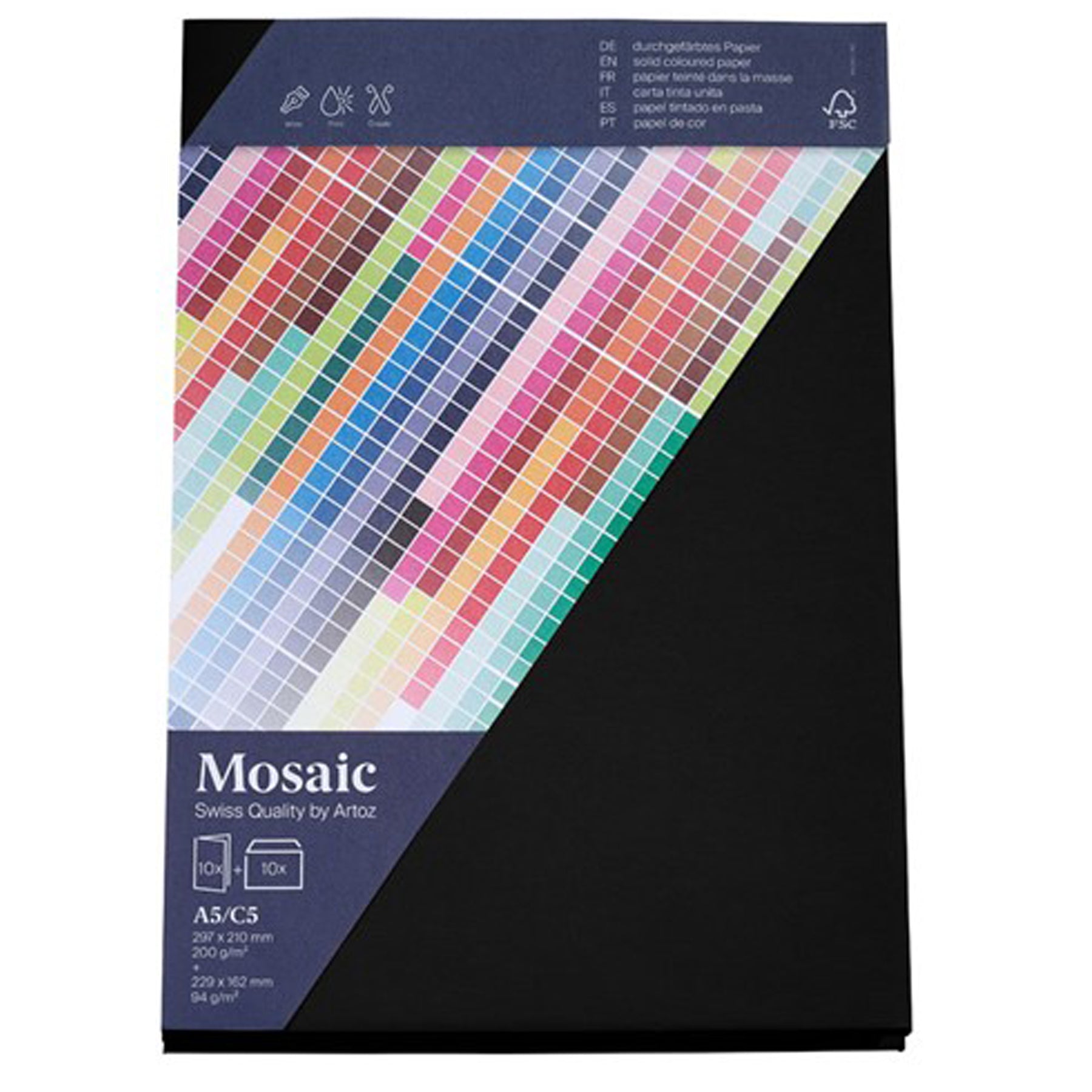 Crealive 10 Blanko Karten & Couverts Mosaic - Schwarz
Inhalt:
• 10 Doppelkarten inkl. Couverts
Spezifikationen:
• Doppel-Karten hoch Format: A5 (297 x 210 mm)
• Couvert Format: C5 (229 x 162 mm)
• Doppelkarten: Mosaic Papier 200 g/m2
• Couvert: 90 g/m2
• ohne Fenster
• Farbe: Schwarz
• gerade Klappe mit Haftklebestreifen
• beidseitig farbig (voll durchgefärbt)
• Marke: Artoz
Diese Blanko Karten & Couverts sind geeignet für:
• Karten
• Einladungen zu Partys, Geburtstagen, etc.