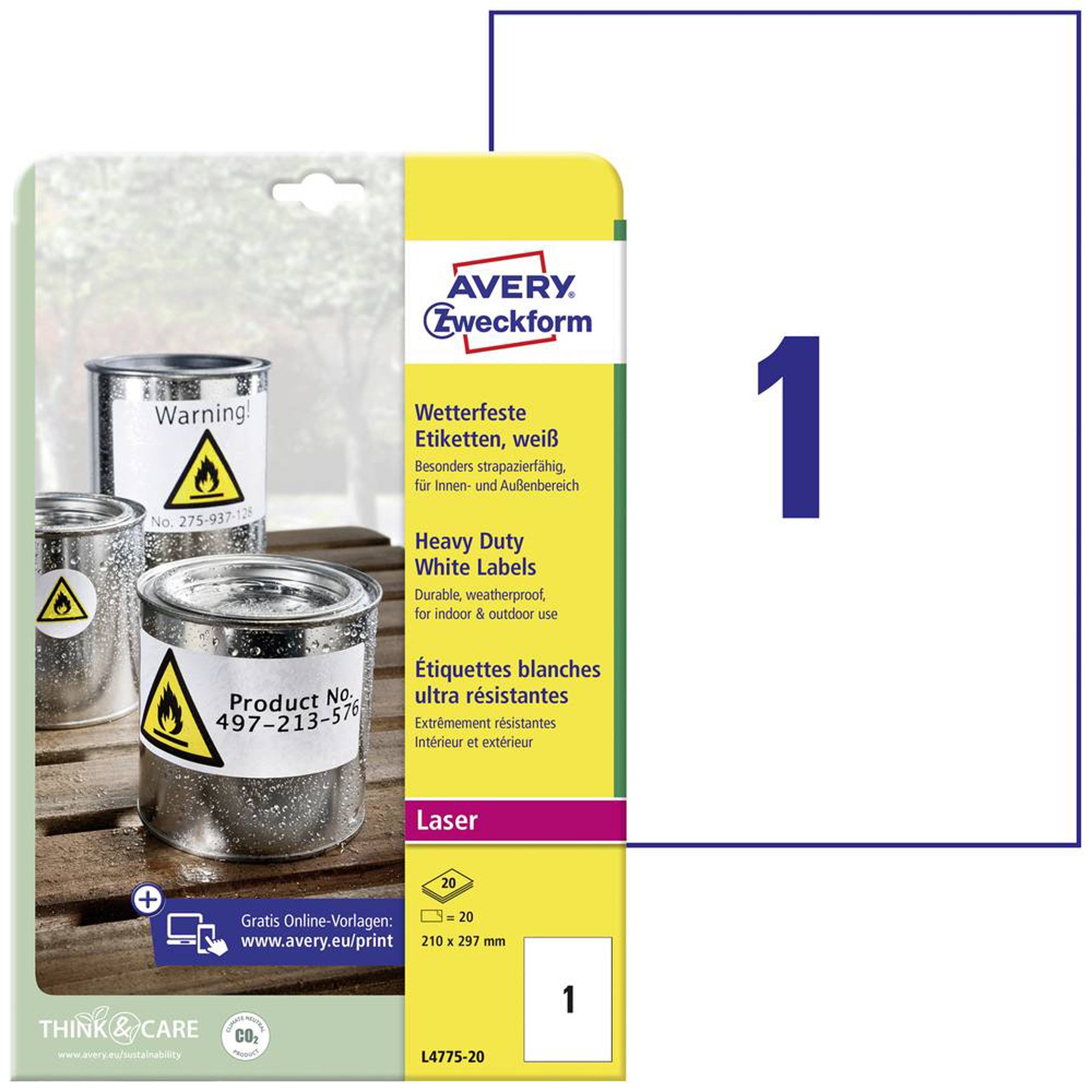 Avery Zweckform wetterfeste Etiketten - 210 x 297 mm
Inhalt:
• 20 Bögen
Spezifikationen:
• Grösse: 210 x 297 mm
• Farbe: Weiss
• selbstklebend
• starke und permanente Haftung
• Öl-, schmutz-, UV- & temperaturbeständig
• wasser- und reissfest
• klimaneutrales Produkt, PVC-frei
• individuell gestaltbar
• für alle gängigen Laser-Drucker geeignet