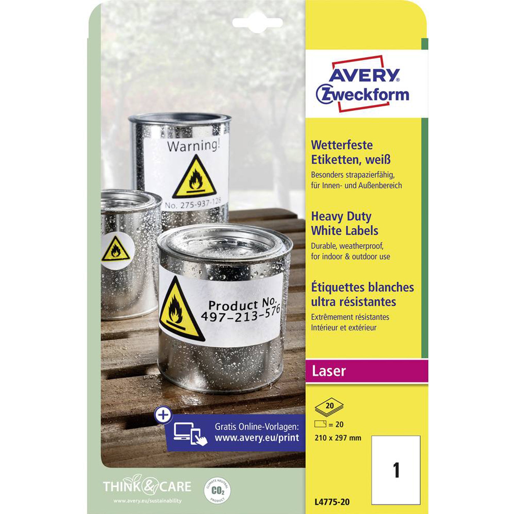 Crealive Avery Zweckform wetterfeste Etiketten - 210 x 297 mm
Inhalt:
• 20 Bögen
Spezifikationen:
• Grösse: 210 x 297 mm
• Farbe: Weiss
• selbstklebend
• starke und permanente Haftung
• Öl-, schmutz-, UV- & temperaturbeständig
• wasser- und reissfest
• klimaneutrales Produkt, PVC-frei
• individuell gestaltbar
• für alle gängigen Laser-Drucker geeignet