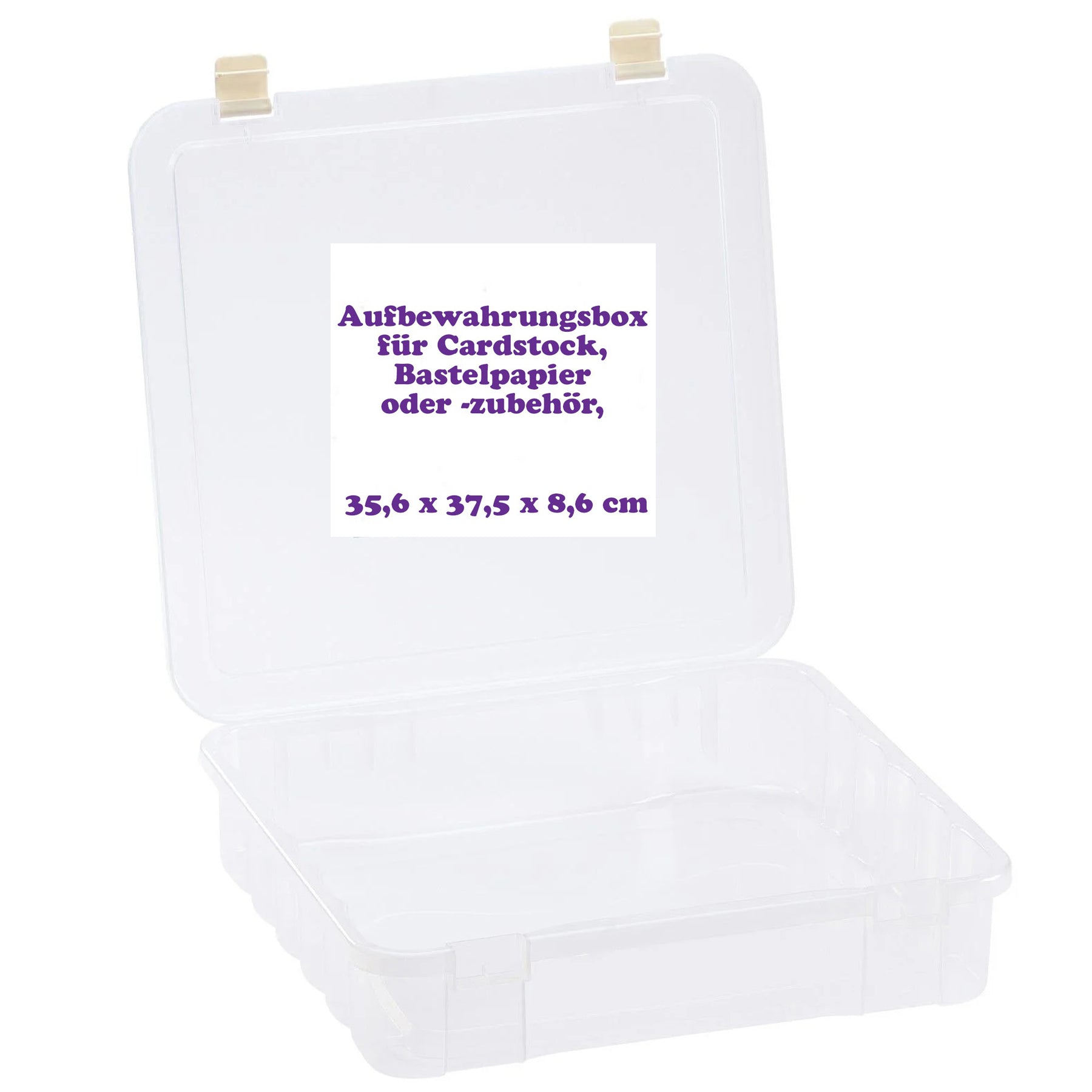 Crealive Aufbewahrungsbox Mit dieser praktischen Aufbewahrungsbox aus transparentem Kunststoff bringst Du Ordnung in Dein Cardstock, Bastelpapier, Motiv-/Designpapier, Kartendekorationen, Folien, etc. Sie hat ein perfektes Mass von 35,6 x 37,5 x 8,6 cm, so dass Deine 12" x 12" Papiere ebenfalls bequem & staubfrei ihren Platz finden. Ohne zu knicken oder zu verrutschen kannst Du in dieser Box Deine Papiere verstauen und transportieren.