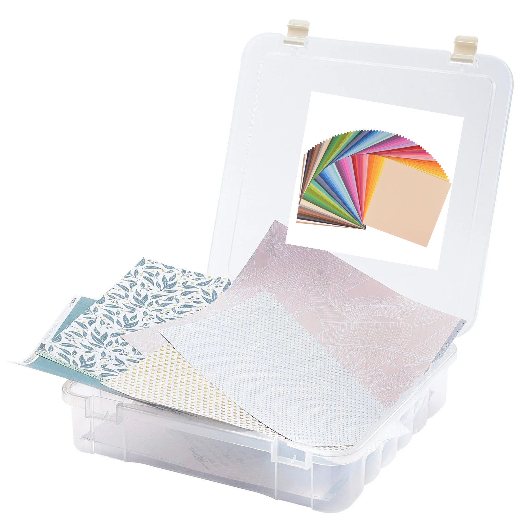 Crealive Aufbewahrungsbox Mit dieser praktischen Aufbewahrungsbox aus transparentem Kunststoff bringst Du Ordnung in Dein Cardstock, Bastelpapier, Motiv-/Designpapier, Kartendekorationen, Folien, etc. Sie hat ein perfektes Mass von 35,6 x 37,5 x 8,6 cm, so dass Deine 12" x 12" Papiere ebenfalls bequem & staubfrei ihren Platz finden. Ohne zu knicken oder zu verrutschen kannst Du in dieser Box Deine Papiere verstauen und transportieren.