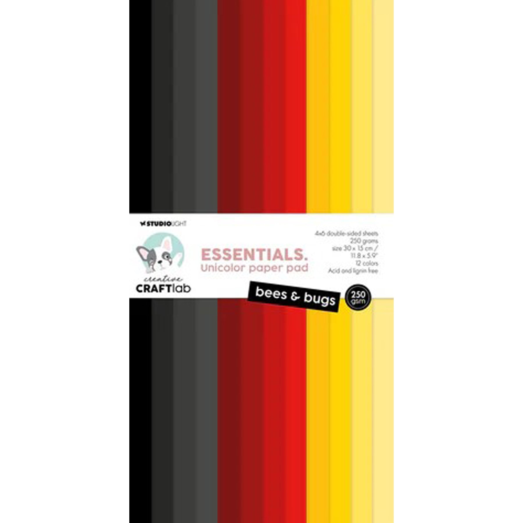 Crealive Paper Pad 250 g/m2 - 15cm x 30cm - Bees & bugs Essentials
Inhalt:
• Block mit insgesamt 24 Blätter
Spezifikationen:
• Grösse: 15 cm x 30 cm
• 250 g/m2
• beidseitig bedruckt
• 12 Farben (4 x 6)
• lignin- und säurefrei
Dieses Papier ist geeignet für:
• Karten
• Karten-Verzierungen
• kleine Geschenkboxen & Verpackungen
• Plotten
• Stanzen
• Prägen
• Scrapbooking
• Journaling
• Mixed Media
Dieses beidseitig bedruckte Uni-Papier mit kräftigen Farben ist eine tolle Basis für Deine kreativen, spezi