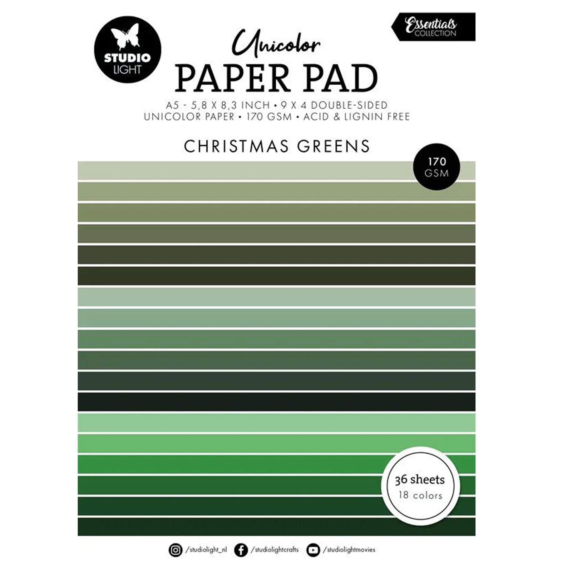 Crealive Papier Block 170 g/m2 - A5 - Christmas greens
Inhalt:
• Block mit insgesamt 36 Bogen
Spezifikationen:
• Grösse A5 (14.8 x 21 cm)
• 170 g/m2
• beidseitig bedruckt
• 18 Farben (2 Bogen pro Farbe)
• lignin- und säurefrei
Dieses Papier ist geeignet für:
• Karten-Verzierungen
• Plotten
• Scrapbooking
• Journaling
• Mixed Media
Aus diesem A5 Papier kannst Du leichte Mini-Karten, Grusskarten, kleine Umschläge gestalten oder sie für Tags, Rahmen für Fotos, Anhänger und vielem mehr einsetzen.