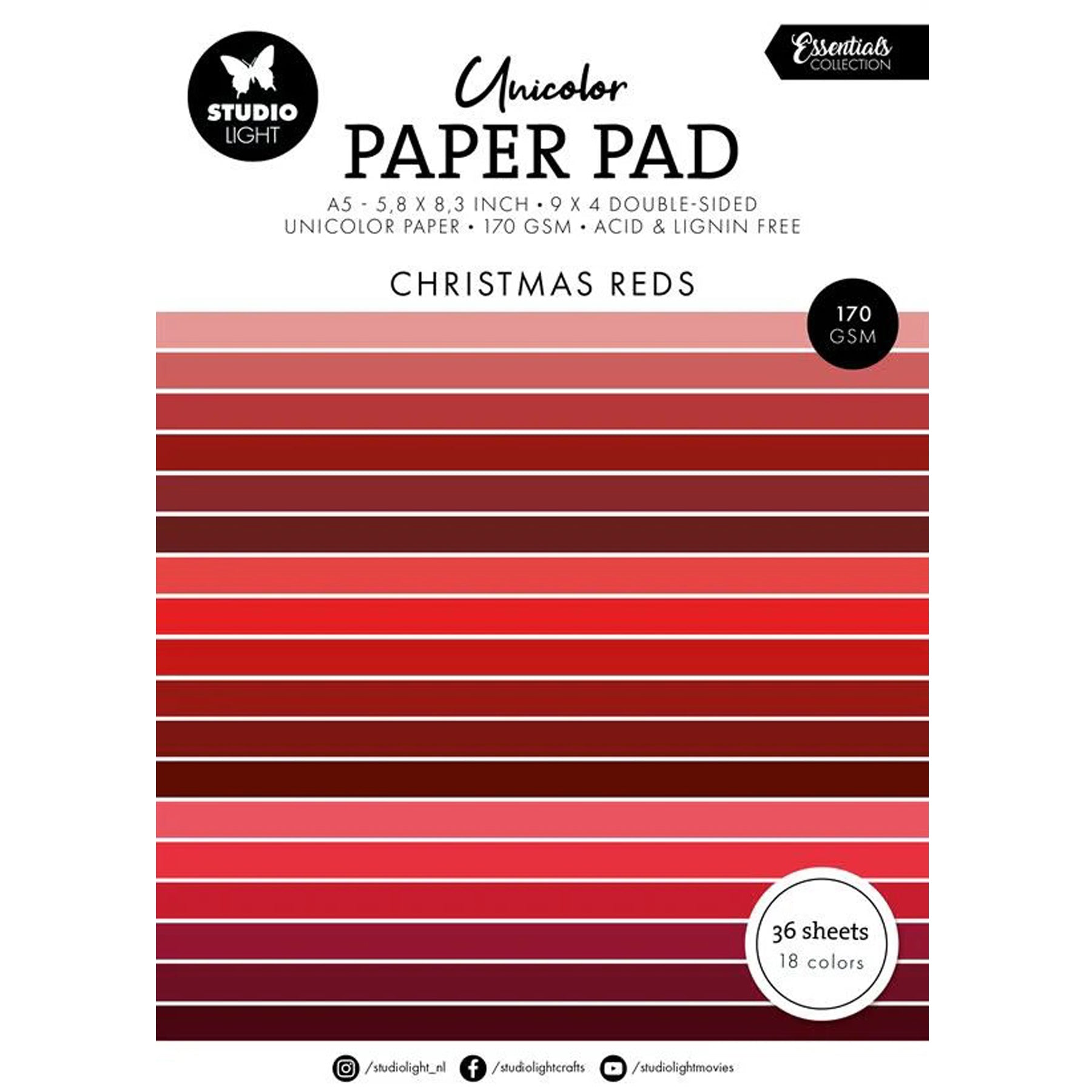 Crealive Papier Block 170 g/m2 - A5 - Christmas reds
Inhalt:
• Block mit insgesamt 36 Bogen
Spezifikationen:
• Grösse A5 (14.8 x 21 cm)
• 170 g/m2
• beidseitig bedruckt
• 18 Farben (2 Bogen pro Farbe)
• lignin- und säurefrei
Dieses Papier ist geeignet für:
• Karten-Verzierungen
• Plotten
• Scrapbooking
• Journaling
• Mixed Media
Aus diesem A5 Papier kannst Du leichte Mini-Karten, Grusskarten, kleine Umschläge gestalten oder sie für Tags, Rahmen für Fotos, Anhänger und vielem mehr einsetzen.
Schnei