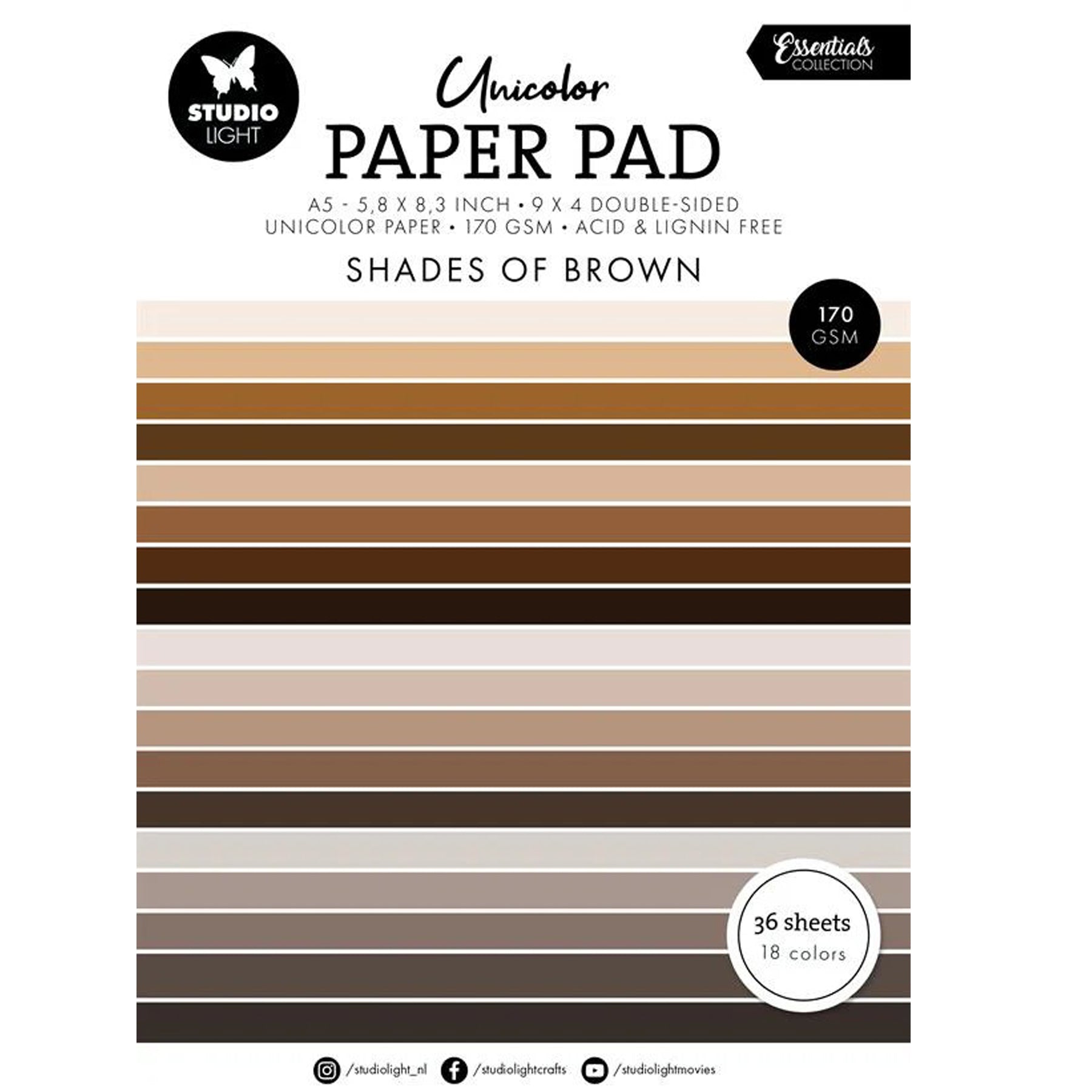 Crealive Papier Block 170 g/m2 - A5 - Shades of brown
Inhalt:
• Block mit insgesamt 36 Bogen
Spezifikationen:
• Grösse A5 (14.8 x 21 cm)
• 170 g/m2
• beidseitig bedruckt
• 18 Farben (2 Bogen pro Farbe)
• lignin- und säurefrei
Dieses Papier ist geeignet für:
• Karten-Verzierungen
• Plotten
• Scrapbooking
• Journaling
• Mixed Media
Aus diesem A5 Papier kannst Du leichte Mini-Karten, Grusskarten, kleine Umschläge gestalten oder sie für Tags, Rahmen für Fotos, Anhänger und vielem mehr einsetzen.
Schne