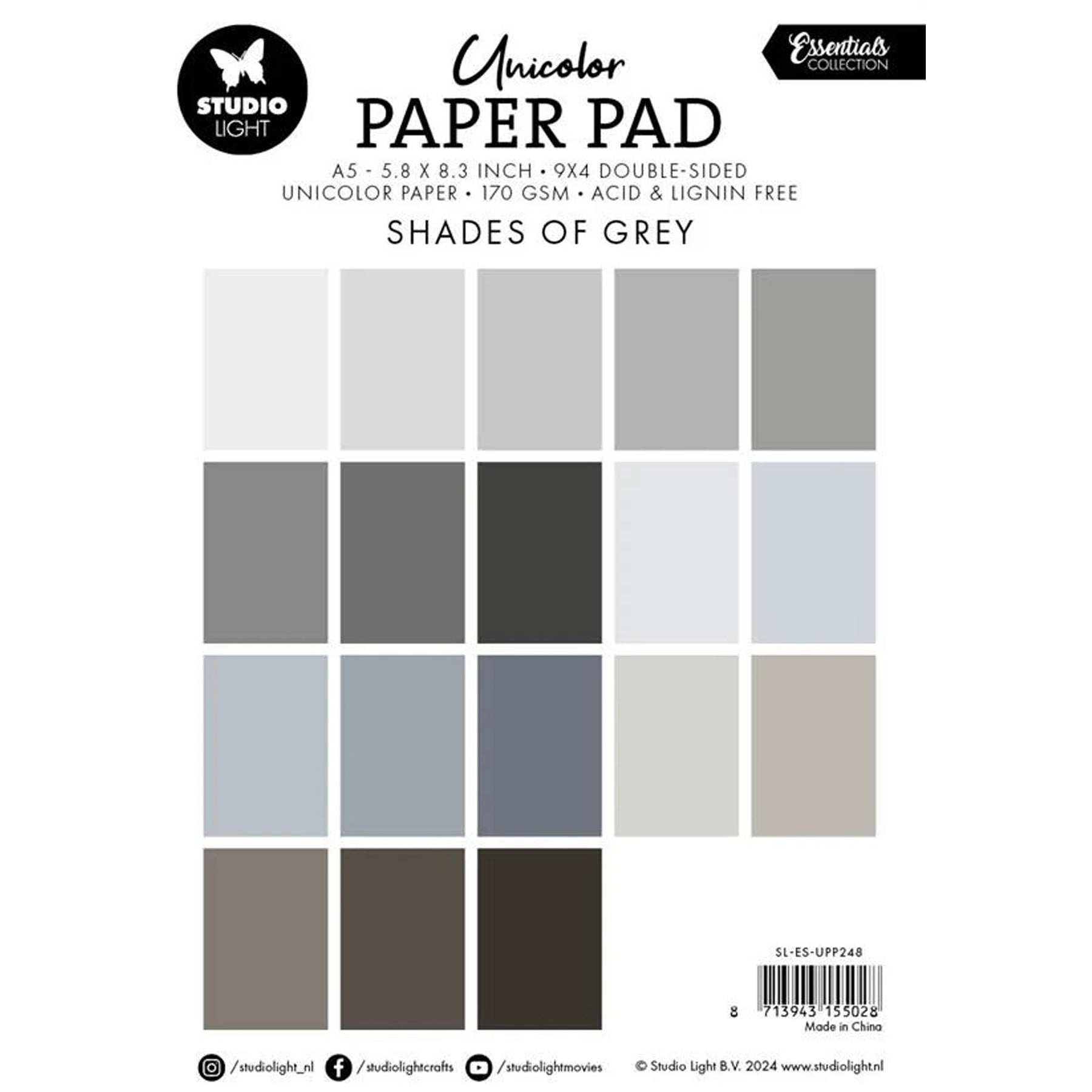 Crealive Papier Block 170 g/m2 - A5 - Shades of grey
Inhalt:
• Block mit insgesamt 36 Bogen
Spezifikationen:
• Grösse A5 (14.8 x 21 cm)
• 170 g/m2
• beidseitig bedruckt
• 18 Farben (2 Bogen pro Farbe)
• lignin- und säurefrei
Dieses Papier ist geeignet für:
• Karten-Verzierungen
• Plotten
• Scrapbooking
• Journaling
• Mixed Media
Aus diesem A5 Papier kannst Du leichte Mini-Karten, Grusskarten, kleine Umschläge gestalten oder sie für Tags, Rahmen für Fotos, Anhänger und vielem mehr einsetzen.
Schnei