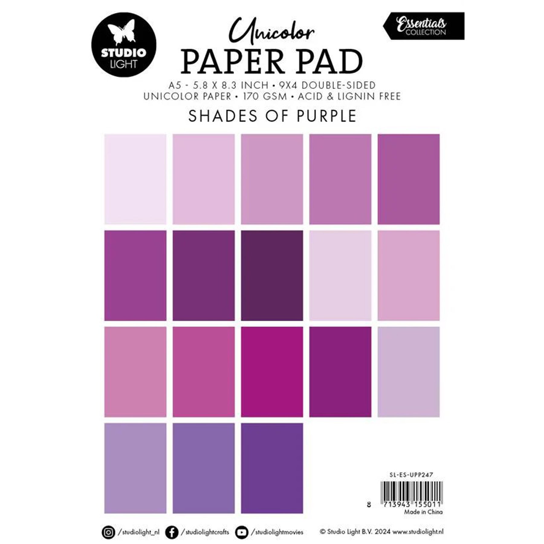 Crealive Papier Block 170 g/m2 - A5 - Shades of purple
Inhalt:
• Block mit insgesamt 36 Bogen
Spezifikationen:
• Grösse A5 (14.8 x 21 cm)
• 170 g/m2
• beidseitig bedruckt
• 18 Farben (2 Bogen pro Farbe)
• lignin- und säurefrei
Dieses Papier ist geeignet für:
• Karten-Verzierungen
• Plotten
• Scrapbooking
• Journaling
• Mixed Media
Aus diesem A5 Papier kannst Du leichte Mini-Karten, Grusskarten, kleine Umschläge gestalten oder sie für Tags, Rahmen für Fotos, Anhänger und vielem mehr einsetzen.
Schn