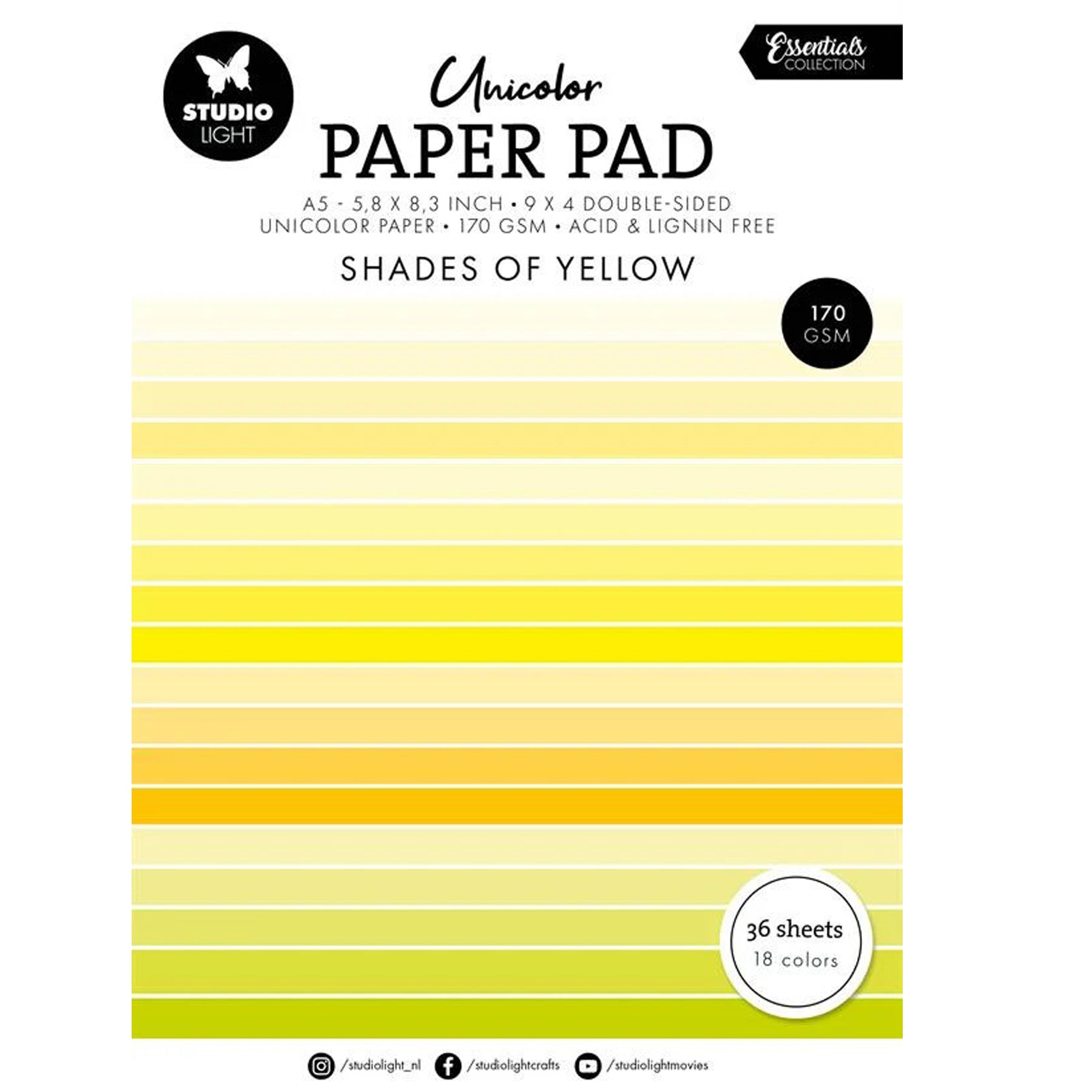 Crealive Papier Block 170 g/m2 - A5 - Shades of yellow
Inhalt:
• Block mit insgesamt 36 Bogen
Spezifikationen:
• Grösse A5 (14.8 x 21 cm)
• 170 g/m2
• beidseitig bedruckt
• 18 Farben (2 Bogen pro Farbe)
• lignin- und säurefrei
Dieses Papier ist geeignet für:
• Karten-Verzierungen
• Plotten
• Scrapbooking
• Journaling
• Mixed Media
Aus diesem A5 Papier kannst Du leichte Mini-Karten, Grusskarten, kleine Umschläge gestalten oder sie für Tags, Rahmen für Fotos, Anhänger und vielem mehr einsetzen.
Schn
