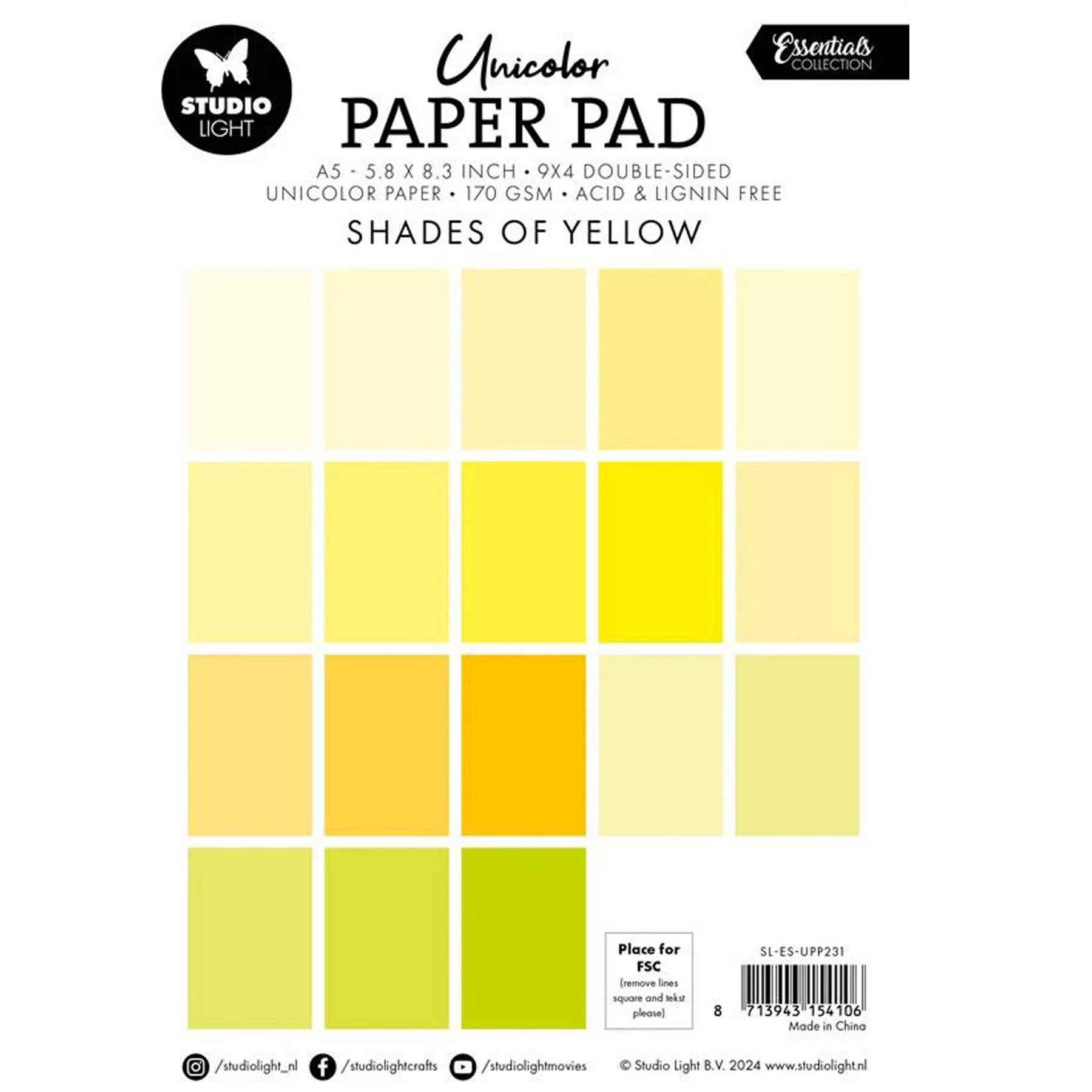 Crealive Papier Block 170 g/m2 - A5 - Shades of yellow
Inhalt:
• Block mit insgesamt 36 Bogen
Spezifikationen:
• Grösse A5 (14.8 x 21 cm)
• 170 g/m2
• beidseitig bedruckt
• 18 Farben (2 Bogen pro Farbe)
• lignin- und säurefrei
Dieses Papier ist geeignet für:
• Karten-Verzierungen
• Plotten
• Scrapbooking
• Journaling
• Mixed Media
Aus diesem A5 Papier kannst Du leichte Mini-Karten, Grusskarten, kleine Umschläge gestalten oder sie für Tags, Rahmen für Fotos, Anhänger und vielem mehr einsetzen.
Schn