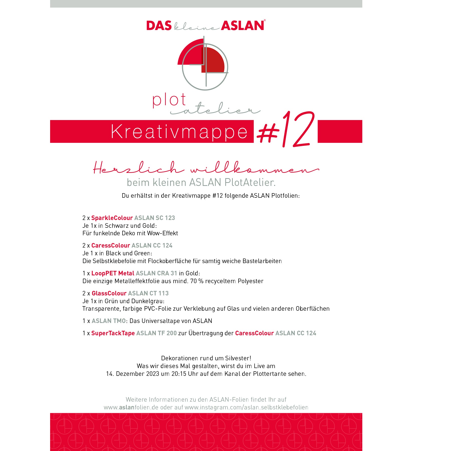 Crealive Das kleine ASLAN PlotAtelier Kreativmappe #12 - Dekorationen rund um Silvester! Was ASLAN und Miriam (Plottertante) dieses Mal gestalten, kannst Du im Live am Donnerstag, 14. Dezember 2023 um 20:15 Uhr auf dem Kanal der Plottertante sehen. 2 x SparkleColour SC 123 in Schwarz & Gold 2 x CaressColour CC 124 in Schwarz & Grün 1 x LoopPET Metal CRA 13 in Gold 2 x GlassColour CT 113 in Grün & Dunkelgrau 1 x TMO - 1 x SuperTackTape TF 200