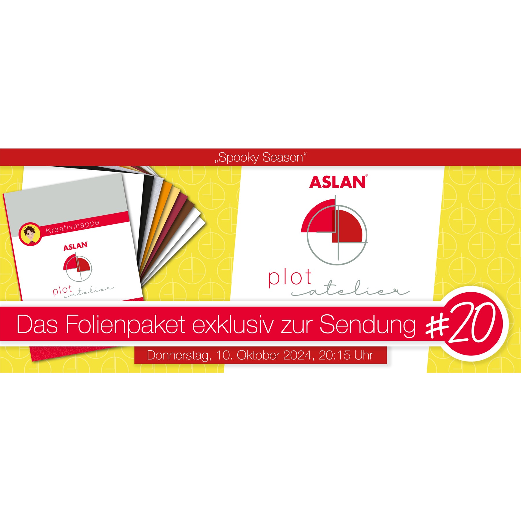 Crealive Das kleine ASLAN PlotAtelier Kreativmappe 20
„Spooky Season“
Mit der Kreativmappe 20 erhältst Du folgende Plotfolien:
• 2 x PremiumColour ASLAN C 118 Soft je 1 x in Schwarz matt und Weiss matt
die opake Vinylfolie für glatte und gewölbte Oberflächen - filigran zu plotten und leicht zu entgittern
• 3 x GlassColour ASLAN
• 1 x MetalEffect ASLAN die edel schimmernde Metalleffektfolie - für alle glatte Flächen und beidseitigen Metalleffekt
• 2 x ASLAN TMO - das Universal Übertragungstape