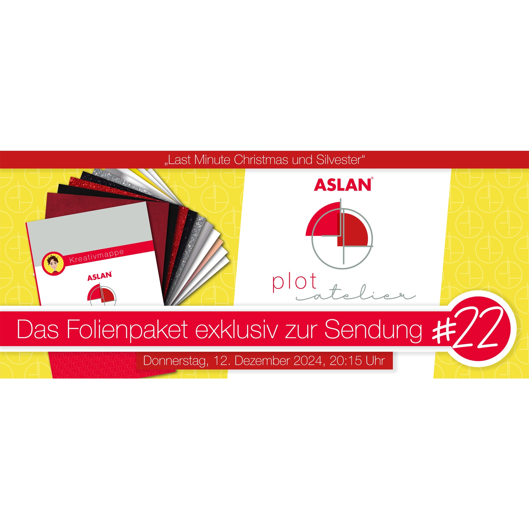 Crealive Das kleine ASLAN PlotAtelier Kreativmappe 22
„Last Minute Christmas und Silvester“
Was ASLAN und Miriam (Plottertante) am Donnerstag, 12. Dezember 2024 um 20:15 Uhr gestalten, kannst du im Live auf dem YouTube Kanal von der Plottertante schauen oder auf ihrem Facebook Kanal.
Plotfolien:
• 2 x CaressColour ASLAN CC 124
3 x SparkleColour ASLAN SC 123
1 x MetalEffect ASLAN CA 23
1 x PremiumColour ASLAN C 118 Soft
die Vinylfolie
• 1 x ColourShift Etched ASLAN SE 77 NEU - Nova (Magenta zu Gelb)