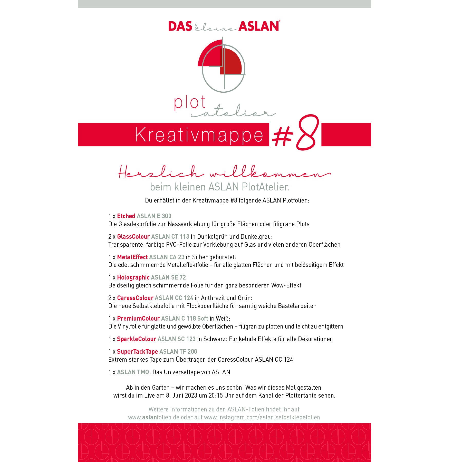 Crealive Das kleine ASLAN PlotAtelier Kreativmappe 8 - Garten Thema: Ab in den Garten - wir machen es uns schön! Was ASLAN und Miriam (Plottertante) dieses Mal gestalten, wirst du im Live am 8. Juni 2023 um 20:15 Uhr auf dem Kanal der Plottertante sehen.