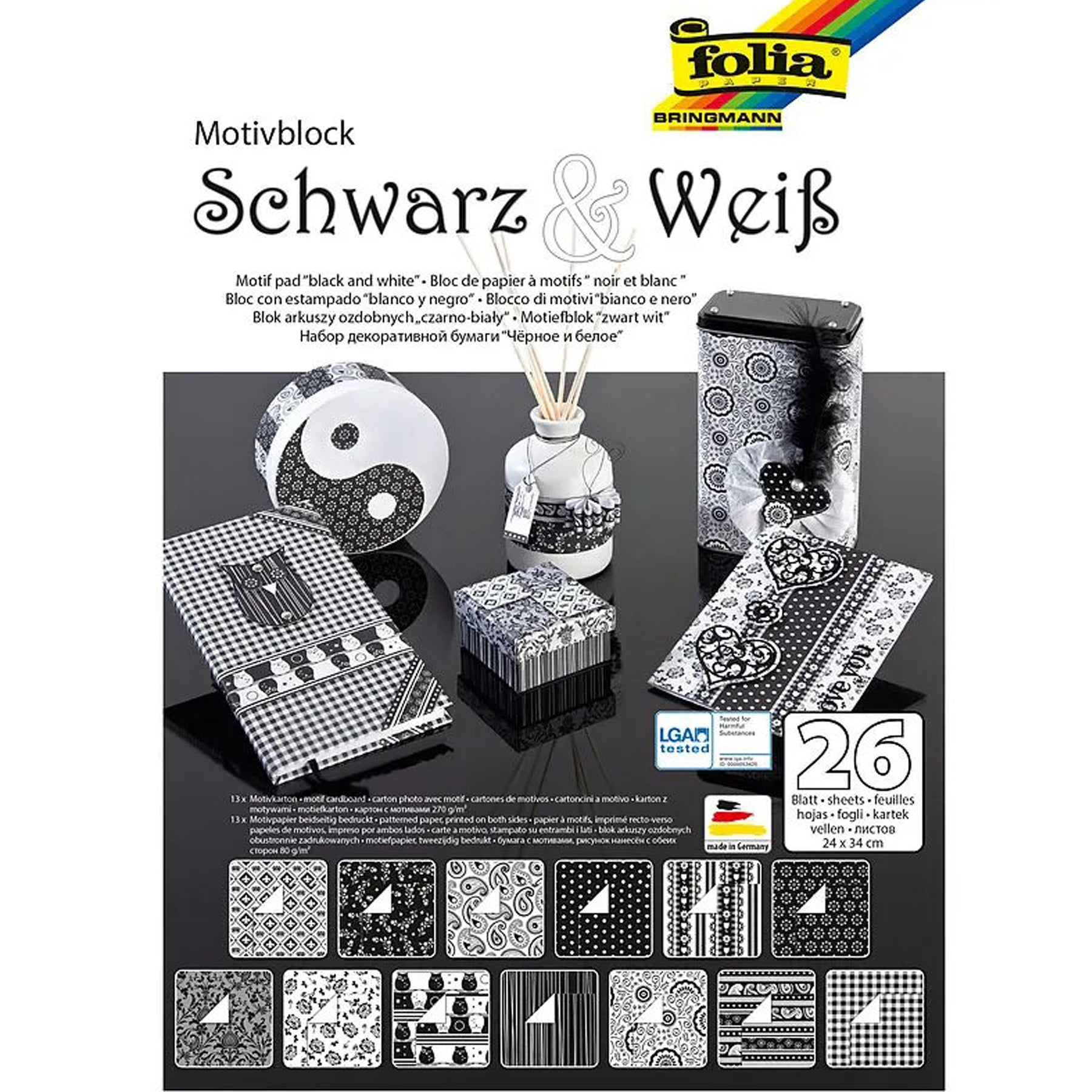Crealive Motivblock Schwarz & Weiss - 270 g/m2 & 80 g/m2 - 24 x 34 cm
Inhalt:
• 26 Blätter
• 13 Designs
Spezifikationen:
• 24 x 34 cm
• 13 x 270 g/m2
• 13 x 80 g/m2
• einseitig bedruckt
Designpapier/Paper Pad ist geeignet für:
• Karten
• Boxen
• 3D-Projekte
• Geschenkboxen & Verpackungen
• Plotten
• Scrapbooking
• Mixed Media
• Journaling