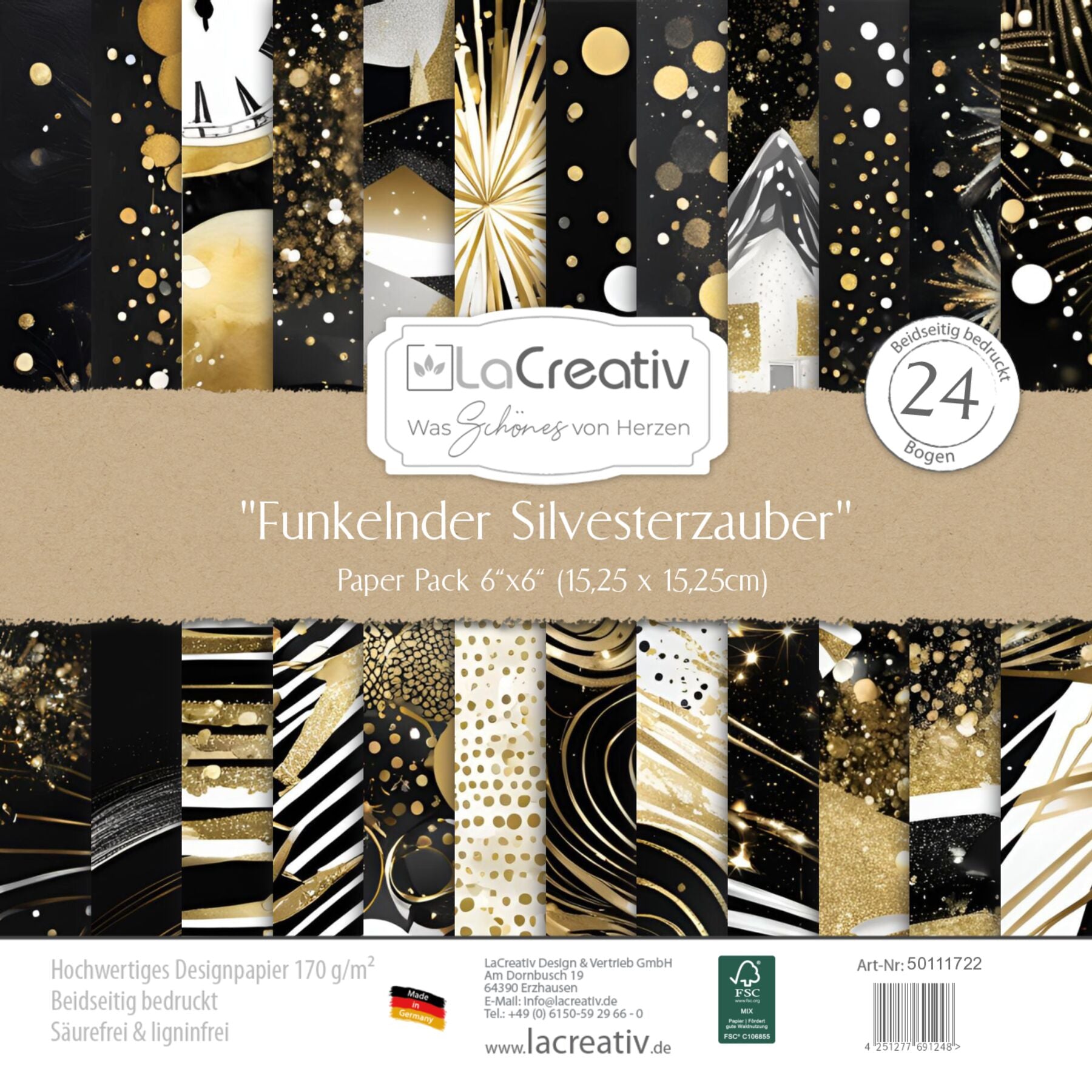 Crealive Designpapier 170 g/m2 - 6’’ x 6’’ - Funkelnder Silvesterzauber
Inhalt:
• 24 Bogen
• 12 Designs
• beidseitig bedruckt
Spezifikationen:
• 6’’ x 6’’ (15.25 cm x 15.25 cm)
• 170 g/m2
• beidseitig bedruckt
• lässt sich gut schneiden
• säure- und ligninfrei
• qualitativ hochwertige Cardstock Qualität
• FSC Mix Credit zertifiziertes Papier
Dieses Designpapier / Motivpapier ist geeignet für:
• Karten
• Karten-Verzierungen
• Plotten
• Stanzen
• Prägen
• Scrapbooking