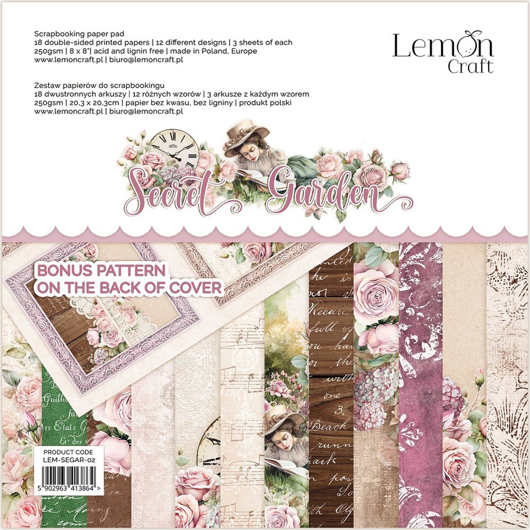Crealive Designpapier 250 g/m2 - 8’’ x 8’’ - Secret Garden
Inhalt:
• 18 Blatt
• 12 Designs
Spezifikationen:
• 8’’ x 8’’ (20.3 cm x 20..3 cm)
• 250 g/m2
• beidseitig bedruckt
• säure- und ligninfrei
Dieses Paper Pad ist geeignet für:
• Karten
• Boxen
• 3D-Projekte
• Geschenkboxen & Verpackungen
• Plotten
• Scrapbooking