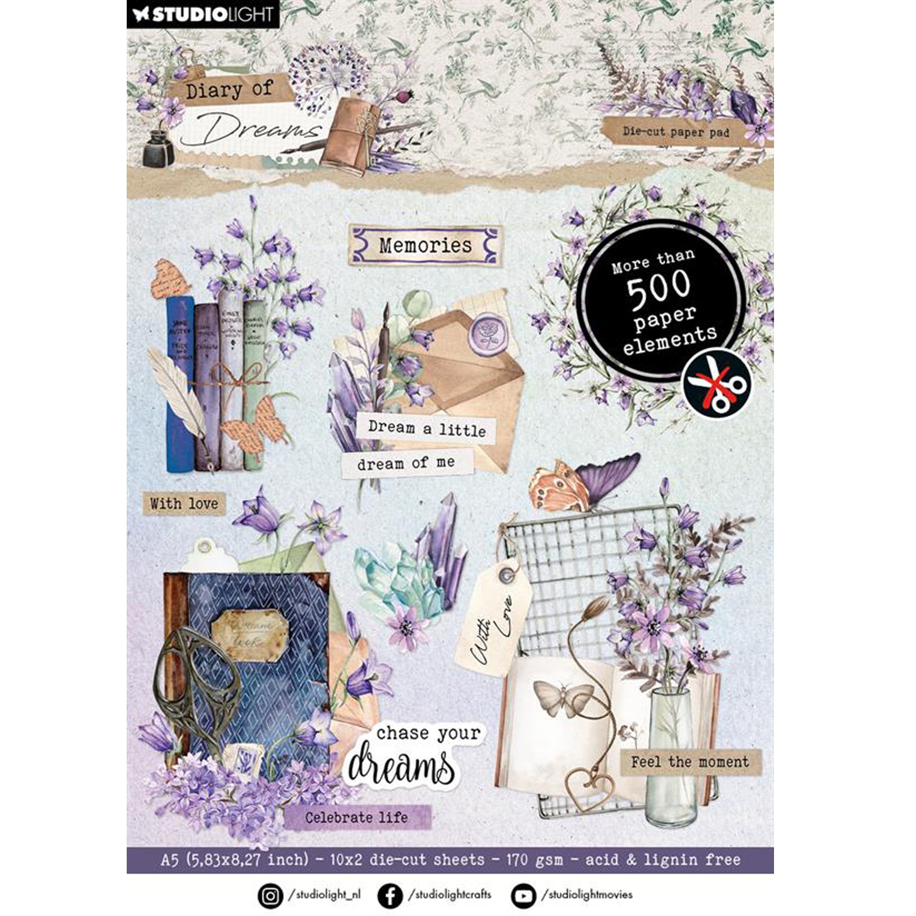 Crealive Studio Light Paper Pad / Die-Cut Paper Elements - Diary of Dreams
Die-Cuts sind bereits ausgestanzte Papier-Elemente. Du musst sie nicht mehr selbst ausschneiden, sondern kannst sie einfach aus dem Bogen lösen.
Inhalt:
• über 500 Papier-Elemente
Spezifikationen:
• Grösse: A5
• 20 Die-Cut Blätter
• Papiergewicht: 170 g/m2
Die Die-Cut Papier-Elemente sind geeignet für:
• Verzierungen von Karten, Boxen, Geschenk-Verpackungen, Geschenktaschen, etc.
• Scrapbooking
• Mixed-Media
• Journaling
• DI