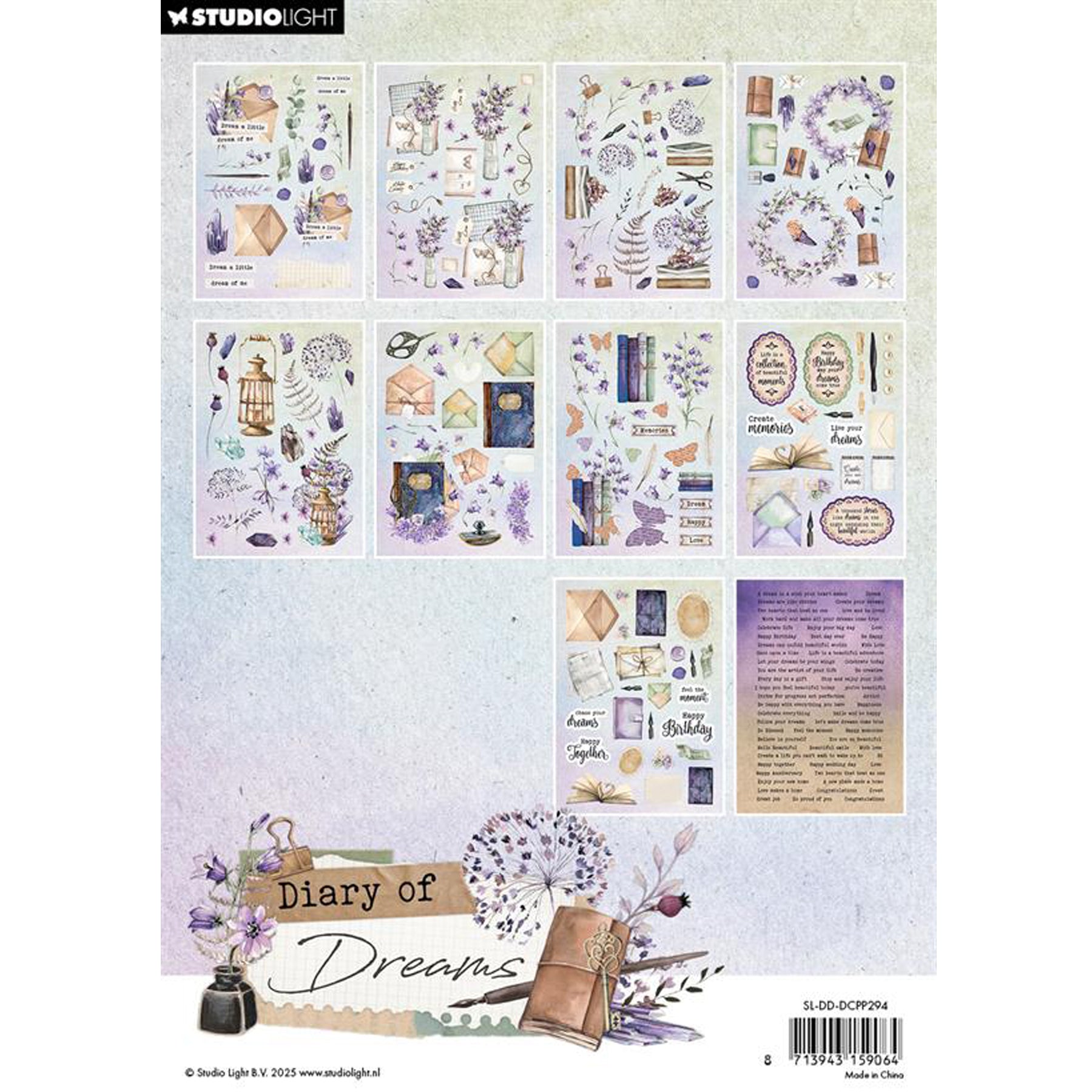 Crealive Studio Light Paper Pad / Die-Cut Paper Elements - Diary of Dreams
Die-Cuts sind bereits ausgestanzte Papier-Elemente. Du musst sie nicht mehr selbst ausschneiden, sondern kannst sie einfach aus dem Bogen lösen.
Inhalt:
• über 500 Papier-Elemente
Spezifikationen:
• Grösse: A5
• 20 Die-Cut Blätter
• Papiergewicht: 170 g/m2
Die Die-Cut Papier-Elemente sind geeignet für:
• Verzierungen von Karten, Boxen, Geschenk-Verpackungen, Geschenktaschen, etc.
• Scrapbooking
• Mixed-Media
• Journaling
• DI