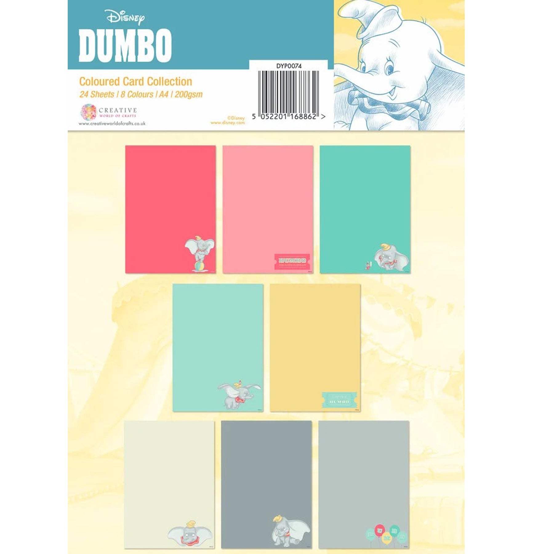 Crealive Disney Papierblock 200 g/m2 - A4 - Dumbo
Spezifikationen:
• 24 Blätter
• 8 Designs / Farben
• A4 (21.0 cm x 29.7 cm)
• 200 g/m2
• säure- und ligninfrei
Dieses Designpapier ist geeignet für:
• Karten
• Verzierungen von Geschenkboxen & Verpackungen
• Plotten
• Stanzen
• Scrapbooking
• Mixed Media
• Journaling
• Basteln mit Kinder
Dieses Disney Motivpapier mit dem süssen Dumbo in 8 Farben ist eine tolle Basis für Karten, Scrapbooking, Journaling, als Dekoration auf deinen Geschenkboxen & Verpack