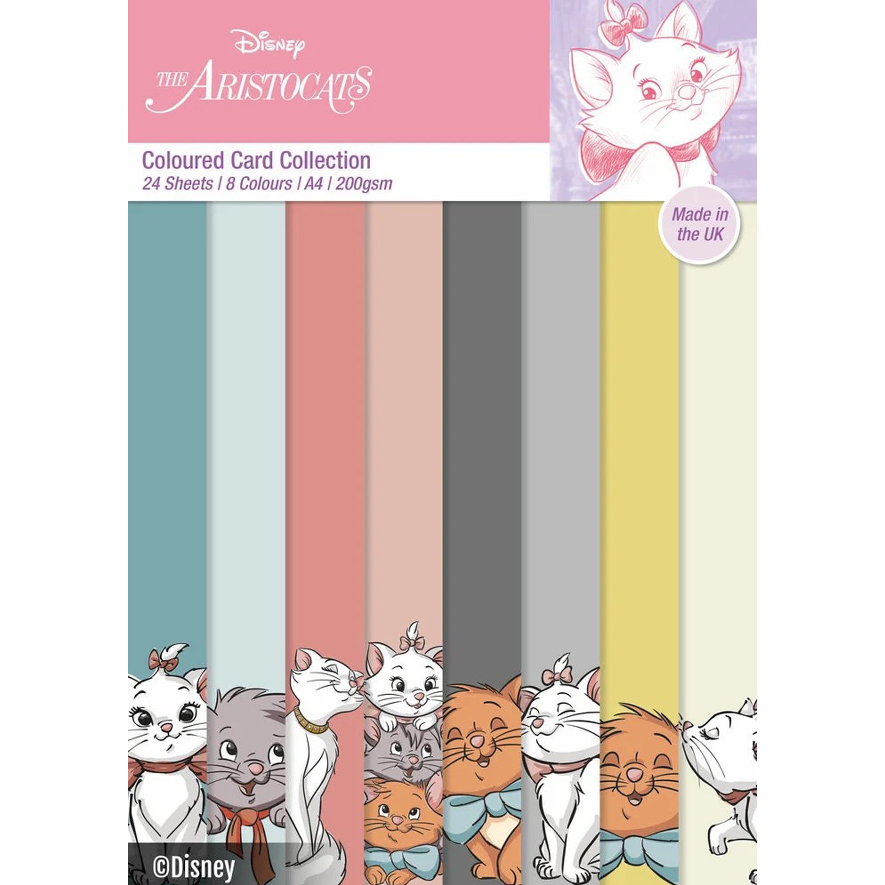 Crealive Disney Papierblock 200 g/m2 - A4 - Aristocats
Spezifikationen:
• 24 Blätter
• 8 Designs / Farben
• A4 (21.0 cm x 29.7 cm)
• 200 g/m2
• säure- und ligninfrei
Dieses Designpapier ist geeignet für:
• Karten
• Verzierungen von Geschenkboxen & Verpackungen
• Plotten
• Stanzen
• Scrapbooking
• Mixed Media
• Journaling
• Basteln mit Kinder
Dieses Disney Motivpapier der Aristocats in 8 pastelligen Farben ist eine tolle Basis für Karten, Scrapbooking, Journaling, als Dekoration auf deinen Geschenkbox