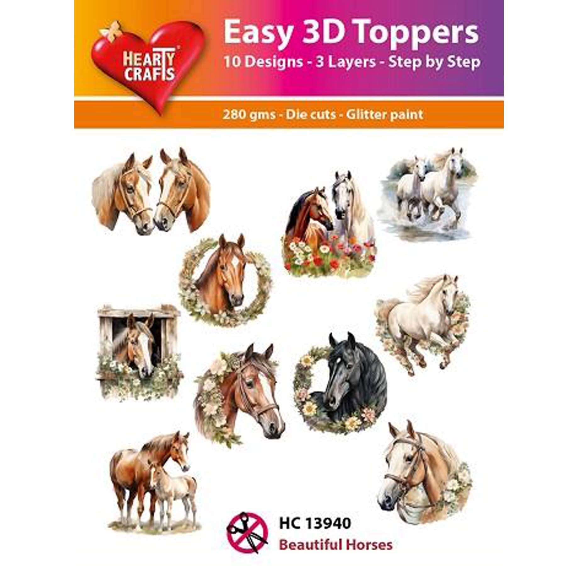 Crealive 3D Topper / Aufsatz - Beautiful Horses
Inhalt:
• 10 verschiedene 3D Designs
Spezifikationen:
• Grösse: 1 Design ca. 8 x 8 cm
• Papiergewicht: 280 g/m2
• jedes Design besteht aus 3 gestanzten Teilen (jeweils separat abgepackt)
• feine Glitzer-Verzierungen
Diese Aufsätze sind geeignet für:
• Karten
• Verzierungen für Boxen, Geschenk-Verpackungen, Geschenktaschen, etc.
• Scrapbooking
• Mixed Media
• Journaling
Dieser 3D Bastelaufsatz macht das Basteln einfach und bereitet Spass. Mit den 3D-Des