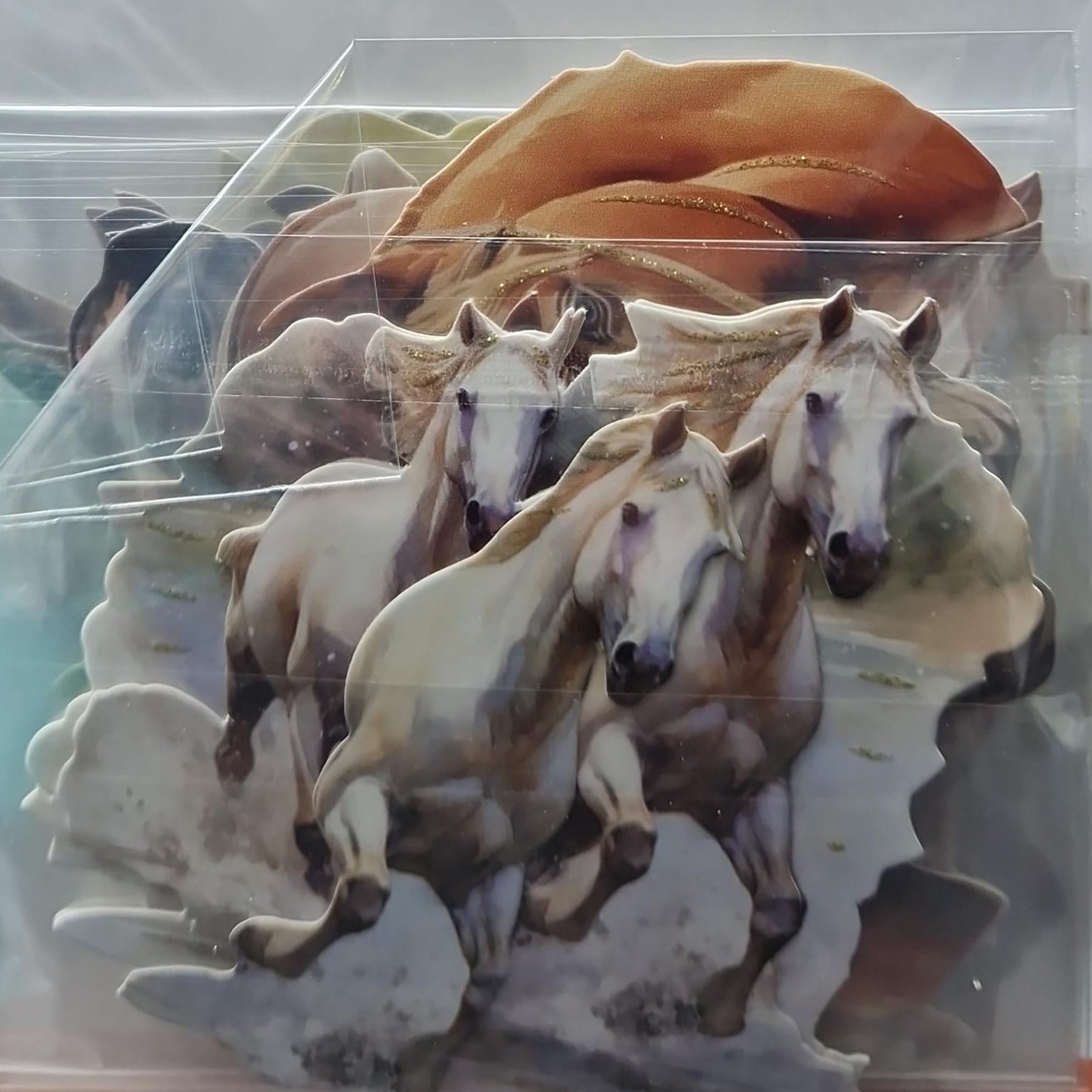 Crealive 3D Topper / Aufsatz - Beautiful Horses
Inhalt:
• 10 verschiedene 3D Designs
Spezifikationen:
• Grösse: 1 Design ca. 8 x 8 cm
• Papiergewicht: 280 g/m2
• jedes Design besteht aus 3 gestanzten Teilen (jeweils separat abgepackt)
• feine Glitzer-Verzierungen
Diese Aufsätze sind geeignet für:
• Karten
• Verzierungen für Boxen, Geschenk-Verpackungen, Geschenktaschen, etc.
• Scrapbooking
• Mixed Media
• Journaling
Dieser 3D Bastelaufsatz macht das Basteln einfach und bereitet Spass. Mit den 3D-Des