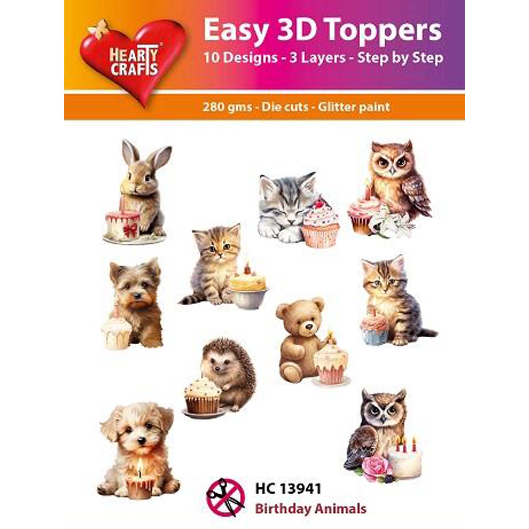 Crealive 3D Topper / Aufsatz - Birthday Animals
Inhalt:
• 10 verschiedene 3D Designs
Spezifikationen:
• Grösse: 1 Design ca. 8 x 8 cm
• Papiergewicht: 280 g/m2
• jedes Design besteht aus 3 gestanzten Teilen (jeweils separat abgepackt)
• feine Glitzer-Verzierungen
Diese Aufsätze sind geeignet für:
• Karten
• Verzierungen für Boxen, Geschenk-Verpackungen, Geschenktaschen, etc.
• Scrapbooking
• Mixed Media
• Journaling
Dieser 3D Bastelaufsatz macht das Basteln einfach und bereitet Spass. Mit den 3D-Des