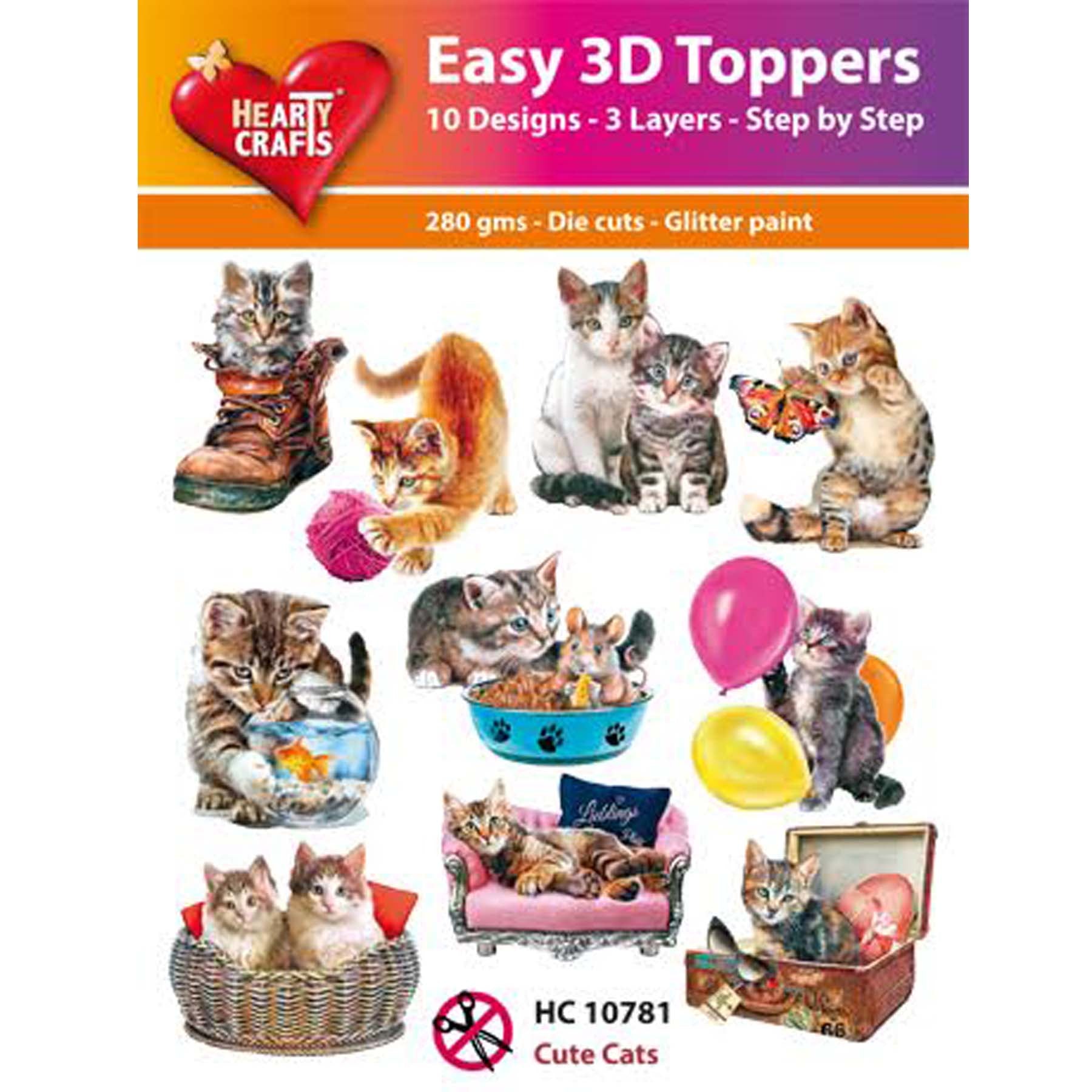 Crealive 3D Topper / Aufsatz - Cute Cats
Inhalt:
• 10 verschiedene 3D Designs
Spezifikationen:
• Grösse: 1 Design ca. 8 x 8 cm
• Papiergewicht: 280 g/m2
• jedes Design besteht aus 3 gestanzten Teilen (jeweils separat abgepackt)
• feine Glitzer-Verzierungen
Diese Aufsätze sind geeignet für:
• Karten
• Verzierungen für Boxen, Geschenk-Verpackungen, Geschenktaschen, etc.
• Scrapbooking
• Mixed Media
• Journaling
Dieser 3D Bastelaufsatz macht das Basteln einfach und bereitet Spass. Mit den 3D-Designs ka