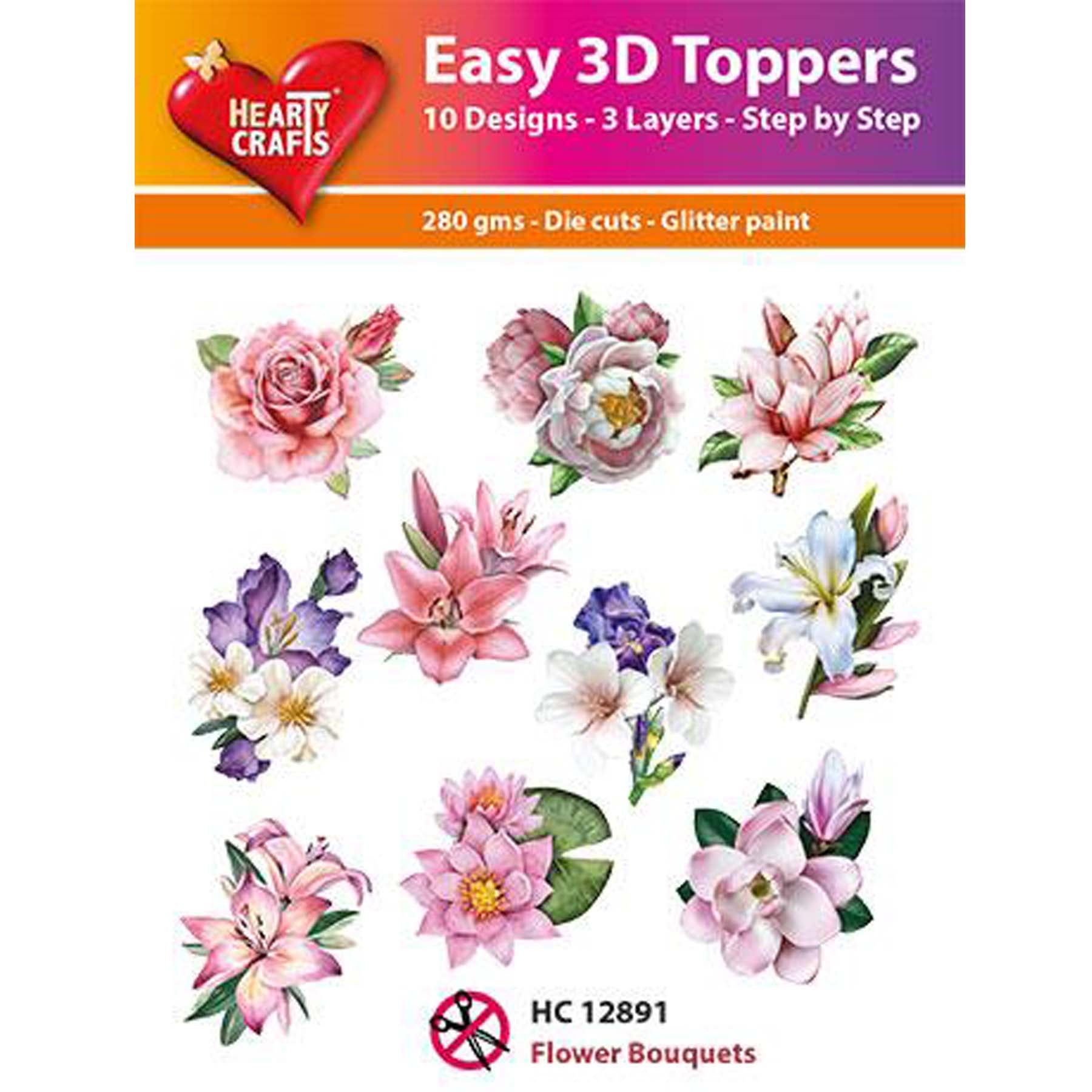 Crealive 3D Topper / Aufsatz - Flower Bouquets
Inhalt:
• 10 verschiedene 3D Designs
Spezifikationen:
• Grösse: 1 Design ca. 8 x 8 cm
• Papiergewicht: 280 g/m2
• jedes Design besteht aus 3 gestanzten Teilen (jeweils separat abgepackt)
• feine Glitzer-Verzierungen
Diese Aufsätze sind geeignet für:
• Karten
• Verzierungen für Boxen, Geschenk-Verpackungen, Geschenktaschen, etc.
• Scrapbooking
• Mixed Media
• Journaling
Dieser 3D Bastelaufsatz macht das Basteln einfach und bereitet Spass. Mit den 3D-Desi