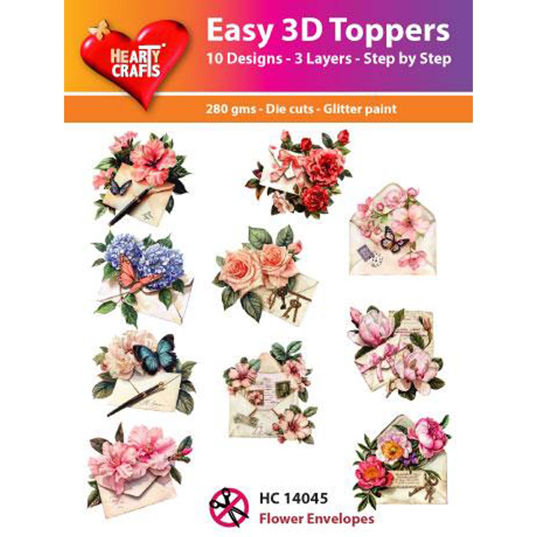 Crealive 3D Topper / Aufsatz - Flower Envelopes
Inhalt:
• 10 verschiedene 3D Designs
Spezifikationen:
• Grösse: 1 Design ca. 8 x 8 cm
• Papiergewicht: 280 g/m2
• jedes Design besteht aus 3 gestanzten Teilen (jeweils separat abgepackt)
• feine Glitzer-Verzierungen
Diese Aufsätze sind geeignet für:
• Karten
• Verzierungen für Boxen, Geschenk-Verpackungen, Geschenktaschen, etc.
• Scrapbooking
• Mixed Media
• Journaling
Dieser 3D Bastelaufsatz macht das Basteln einfach und bereitet Spass. Mit den 3D-Des