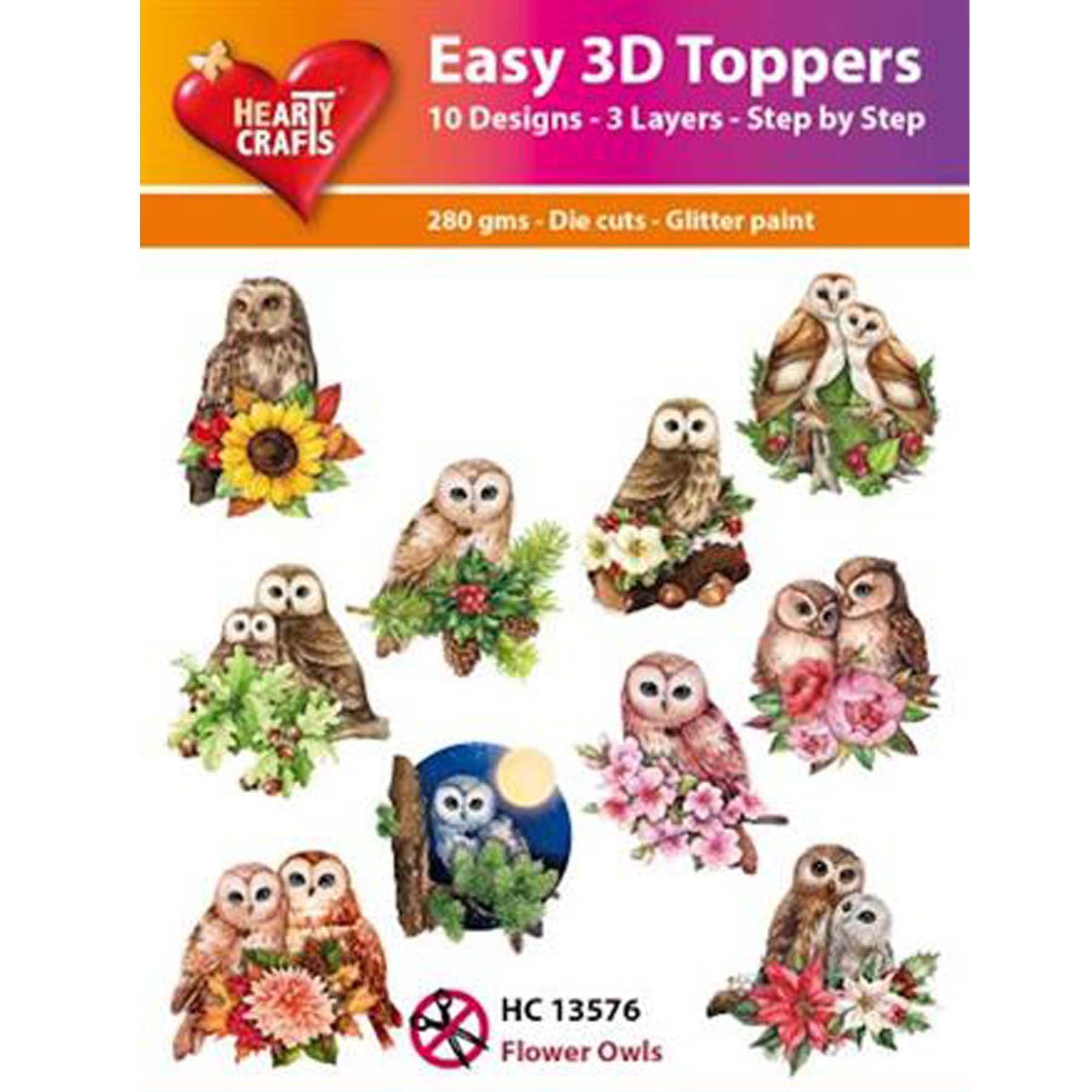 Crealive 3D Topper / Aufsatz - Flower Owls
Inhalt:
• 10 verschiedene 3D Designs
Spezifikationen:
• Grösse: 1 Design ca. 8 x 8 cm
• Papiergewicht: 280 g/m2
• jedes Design besteht aus 3 gestanzten Teilen (jeweils separat abgepackt)
• feine Glitzer-Verzierungen
Diese Aufsätze sind geeignet für:
• Karten
• Verzierungen für Boxen, Geschenk-Verpackungen, Geschenktaschen, etc.
• Scrapbooking
• Mixed Media
• Journaling
Dieser 3D Bastelaufsatz macht das Basteln einfach und bereitet Spass. Mit den 3D-Designs