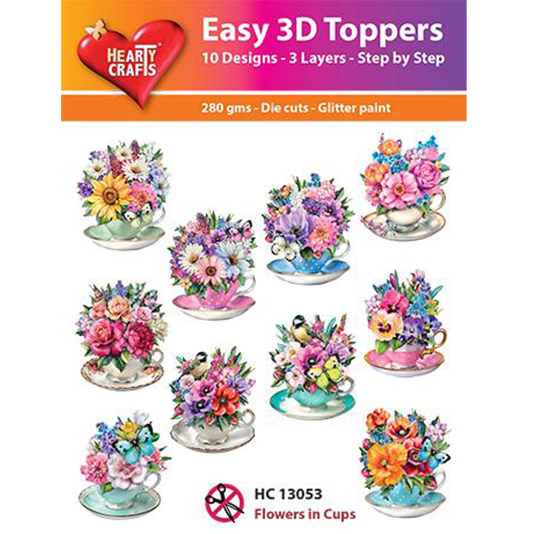 Crealive 3D Topper / Aufsatz - Flowers in Cups
Inhalt:
• 10 verschiedene 3D Designs
Spezifikationen:
• Grösse: 1 Design ca. 8 x 8 cm
• Papiergewicht: 280 g/m2
• jedes Design besteht aus 3 gestanzten Teilen (jeweils separat abgepackt)
• feine Glitzer-Verzierungen
Diese Aufsätze sind geeignet für:
• Karten
• Verzierungen für Boxen, Geschenk-Verpackungen, Geschenktaschen, etc.
• Scrapbooking
• Mixed Media
• Journaling
Dieser 3D Bastelaufsatz macht das Basteln einfach und bereitet Spass. Mit den 3D-Desi