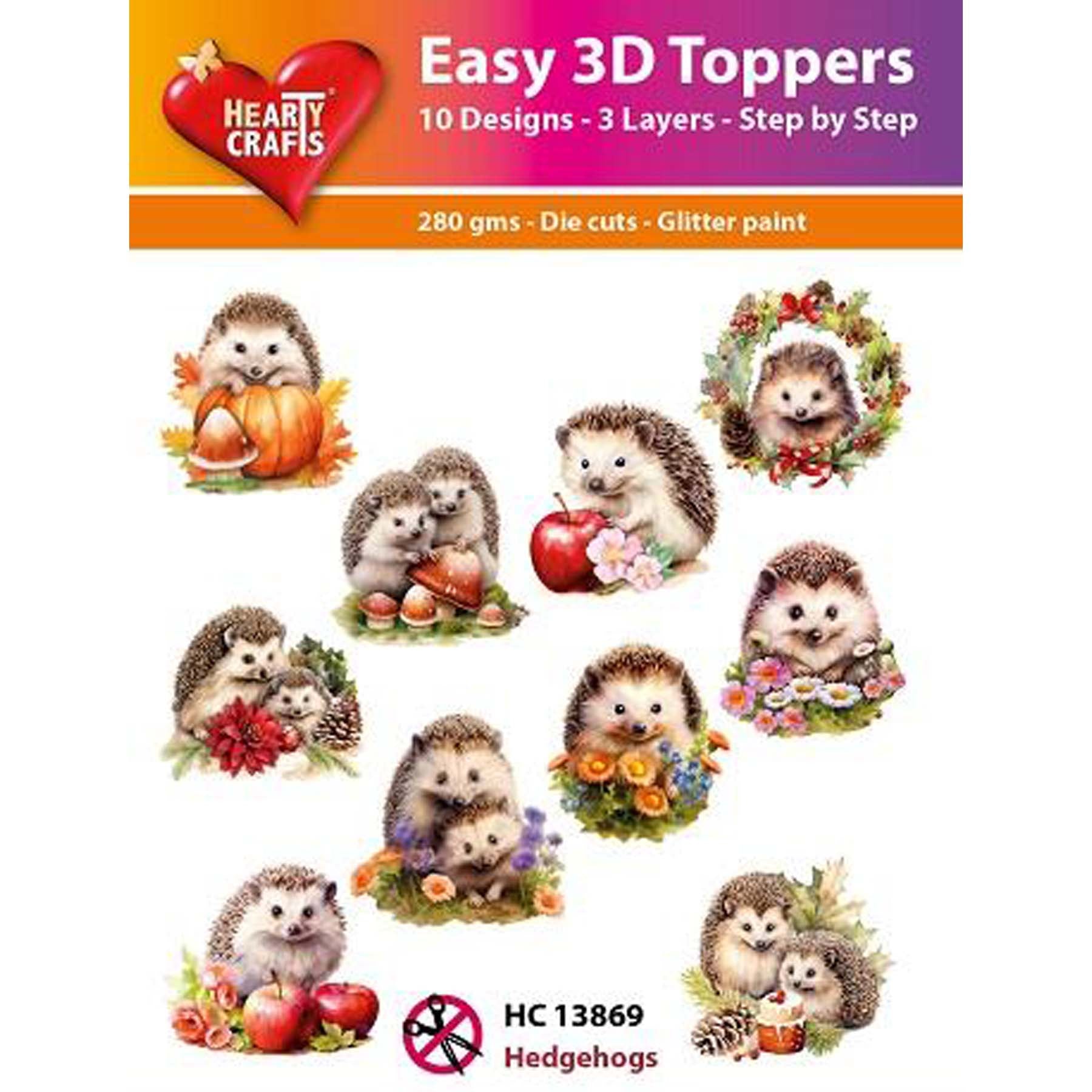 Crealive 3D Topper / Aufsatz - Hedgehogs
Inhalt:
• 10 verschiedene 3D Designs
Spezifikationen:
• Grösse: 1 Design ca. 8 x 8 cm
• Papiergewicht: 280 g/m2
• jedes Design besteht aus 3 gestanzten Teilen (jeweils separat abgepackt)
• feine Glitzer-Verzierungen
Diese Aufsätze sind geeignet für:
• Karten
• Verzierungen für Boxen, Geschenk-Verpackungen, Geschenktaschen, etc.
• Scrapbooking
• Mixed Media
• Journaling
Dieser 3D Bastelaufsatz macht das Basteln einfach und bereitet Spass. Mit den 3D-Designs ka