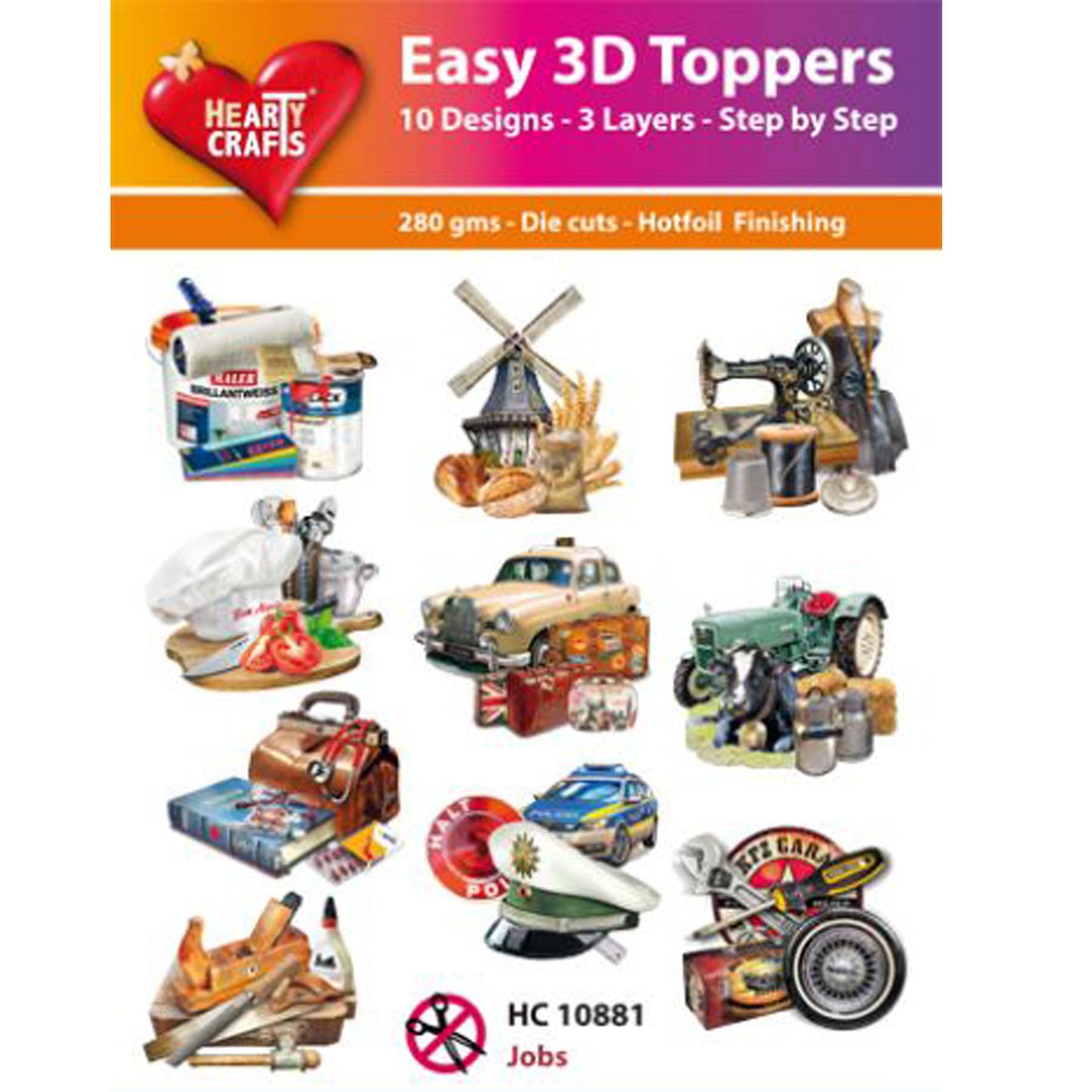 Crealive 3D Topper / Aufsatz - Jobs
Inhalt:
• 10 verschiedene 3D Designs
Spezifikationen:
• Grösse: 1 Design ca. 8 x 8 cm
• Papiergewicht: 280 g/m2
• jedes Design besteht aus 3 gestanzten Teilen (jeweils separat abgepackt)
• Hotfoil Akzente
Diese Aufsätze sind geeignet für:
• Karten
• Verzierungen für Boxen, Geschenk-Verpackungen, Geschenktaschen, etc.
• Scrapbooking
• Mixed Media
• Journaling
Dieser 3D Bastelaufsatz macht das Basteln einfach und bereitet Spass. Mit den 3D-Designs kannst du ganz ein