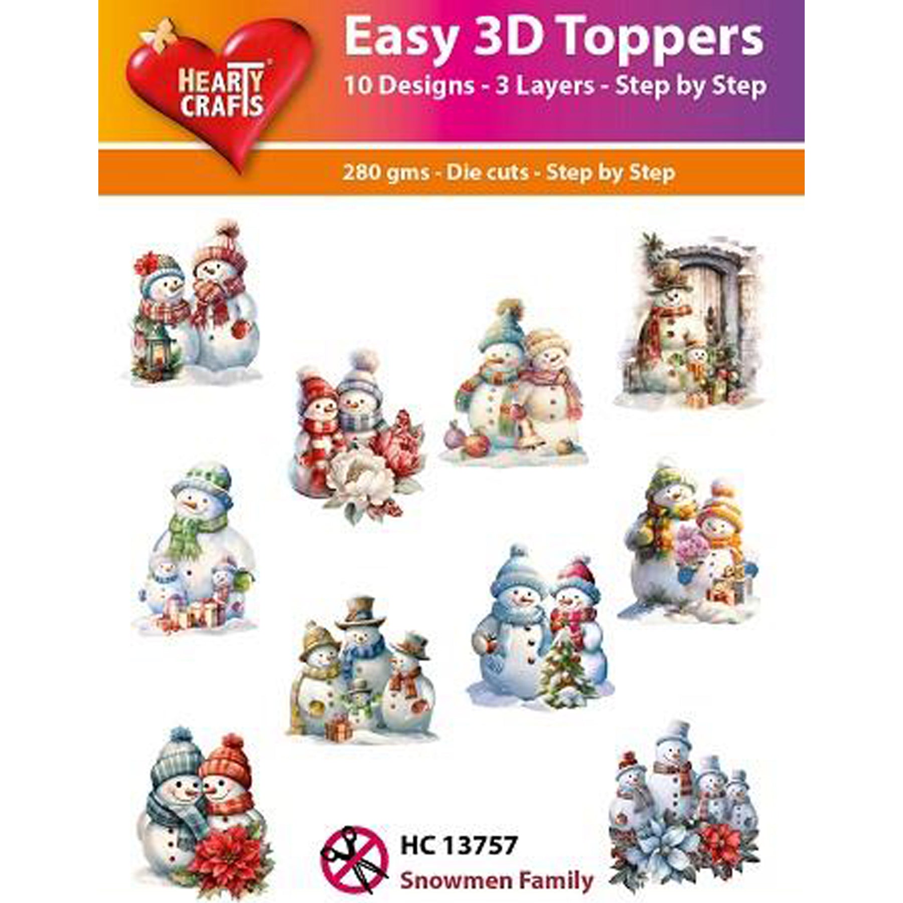 Crealive 3D Topper / Aufsatz - Snowmen Family
Inhalt:
• 10 verschiedene 3D Designs
Spezifikationen:
• Grösse: 1 Design ca. 8 x 8 cm
• Papiergewicht: 280 g/m2
• jedes Design besteht aus 3 gestanzten Teilen
Diese Aufsätze sind geeignet für:
• Karten
• Verzierungen für Boxen, Geschenk-Verpackungen, Geschenktaschen, etc.
• Scrapbooking
• Mixed Media
• Journaling
Dieser 3D Bastelaufsatz macht das Basteln einfach und bereitet Spass. Mit den 3D-Designs kannst du ganz einfach eine bezaubernde Szene erstellen